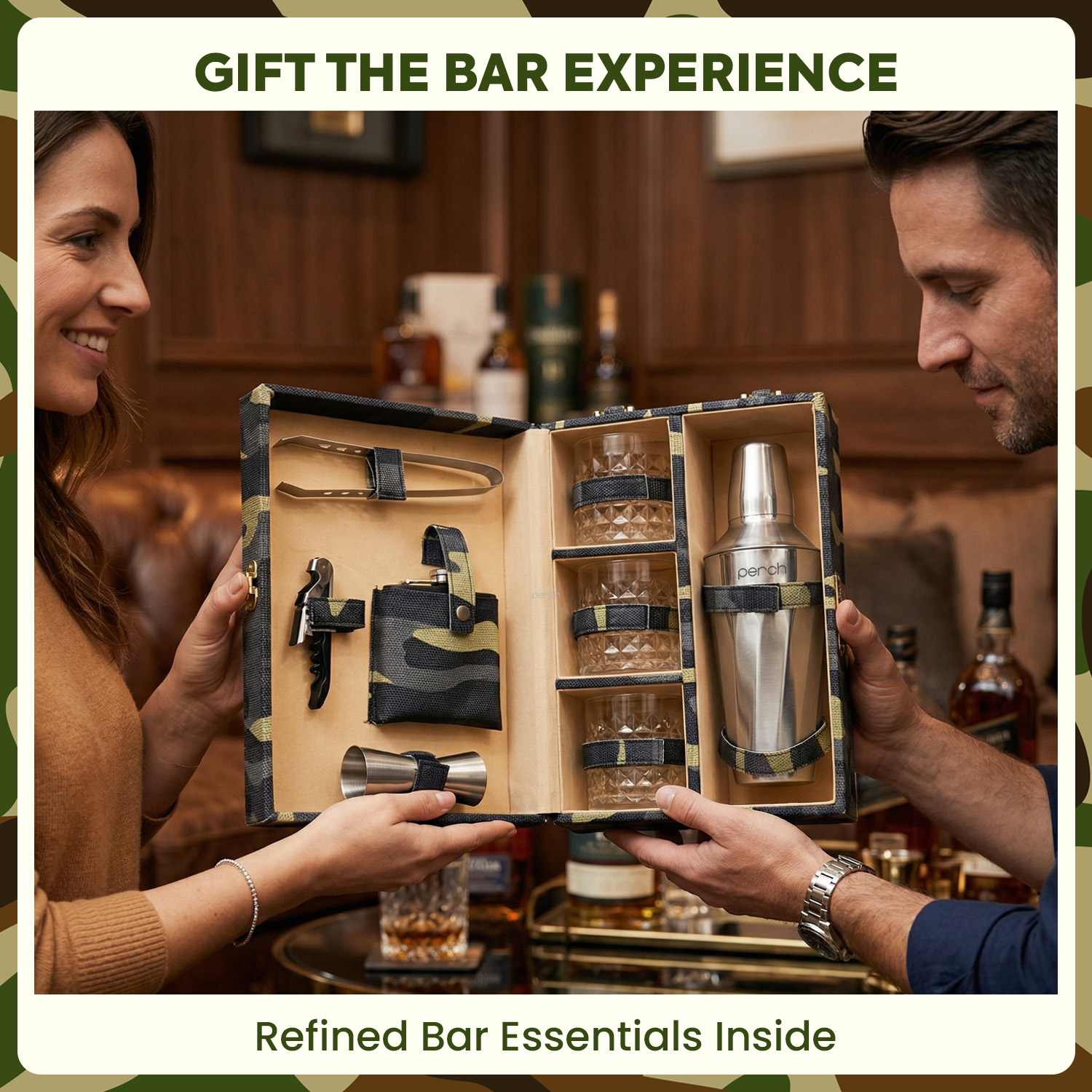 9-Piece Army Print Leatherette Suitcase Bar Set with Cocktail Shaker & 3 Whisky Glasses – Silver
