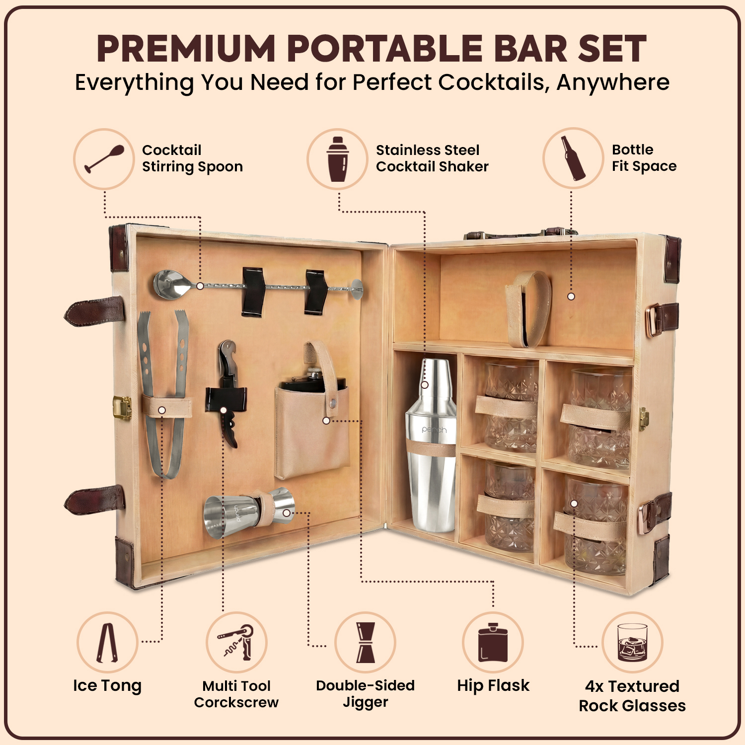 11-Piece Brown Leatherette Suitcase Bar Set with Twist Cocktail Shaker & 4 Whisky Glasses – Silver