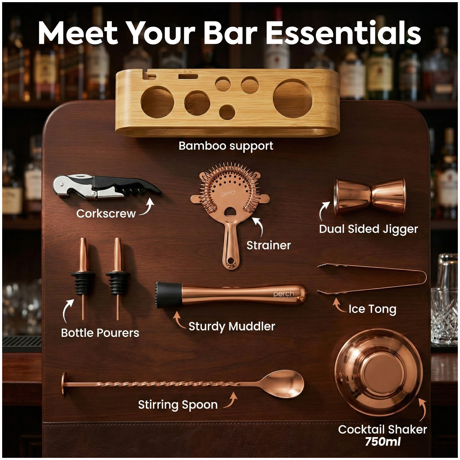 O' Holic 10-Piece Bartender Kit with Mango Wooden Stand | Belly Cocktail Shaker | Golden