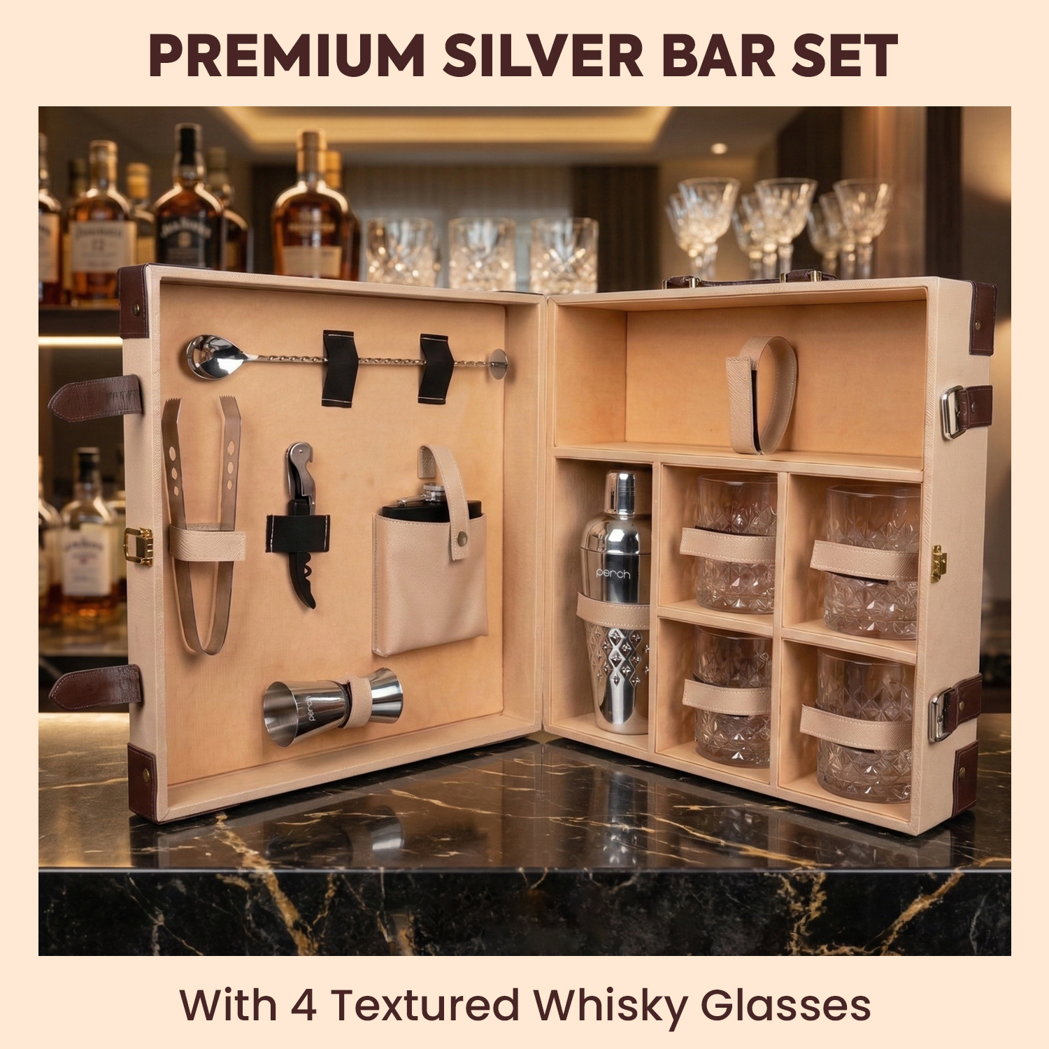 11-Piece Brown Leatherette Suitcase Bar Set with Belly Cocktail Shaker & 4 Whisky Glasses – Silver