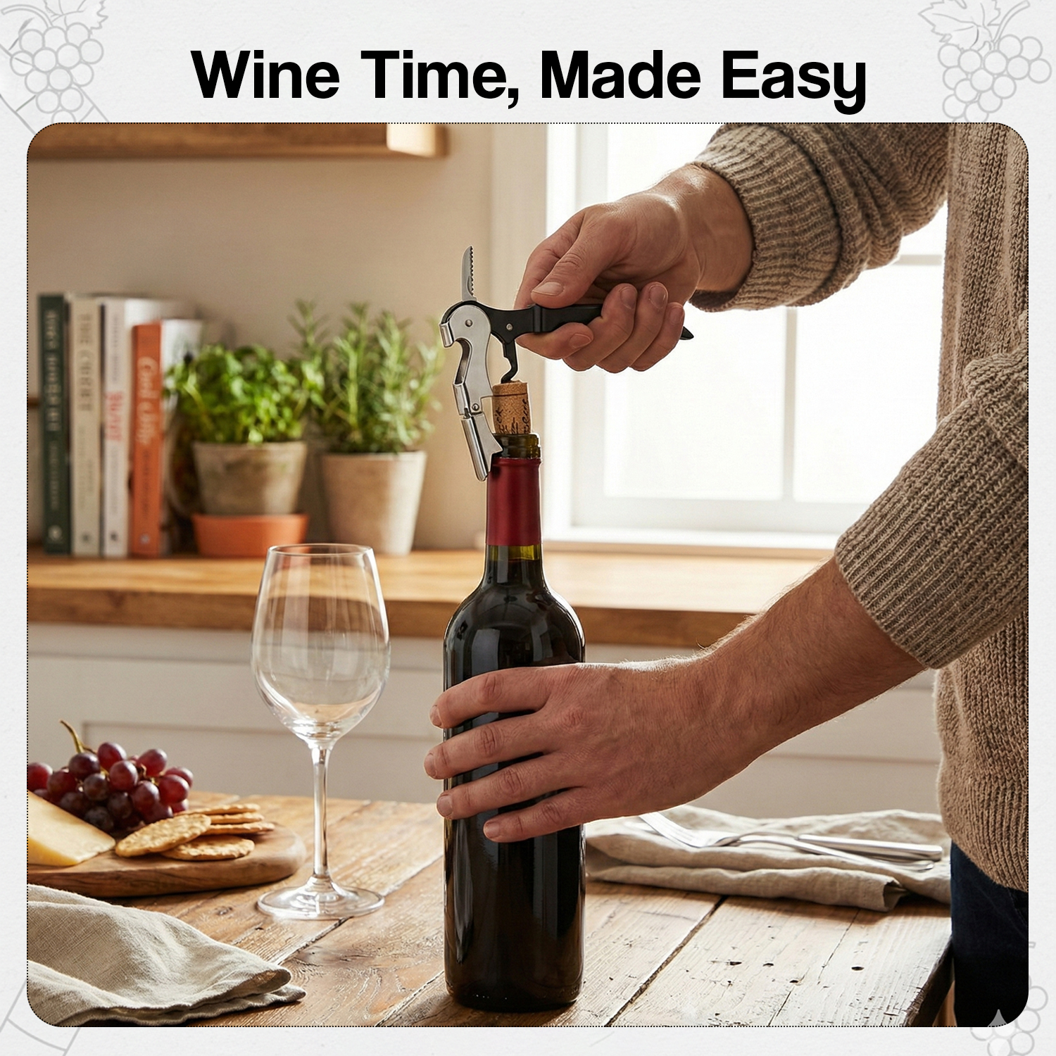Corkscrew for Easy Wine Bottle Opening – Manual Wine Opener for Home Bar & Kitchen – Silver