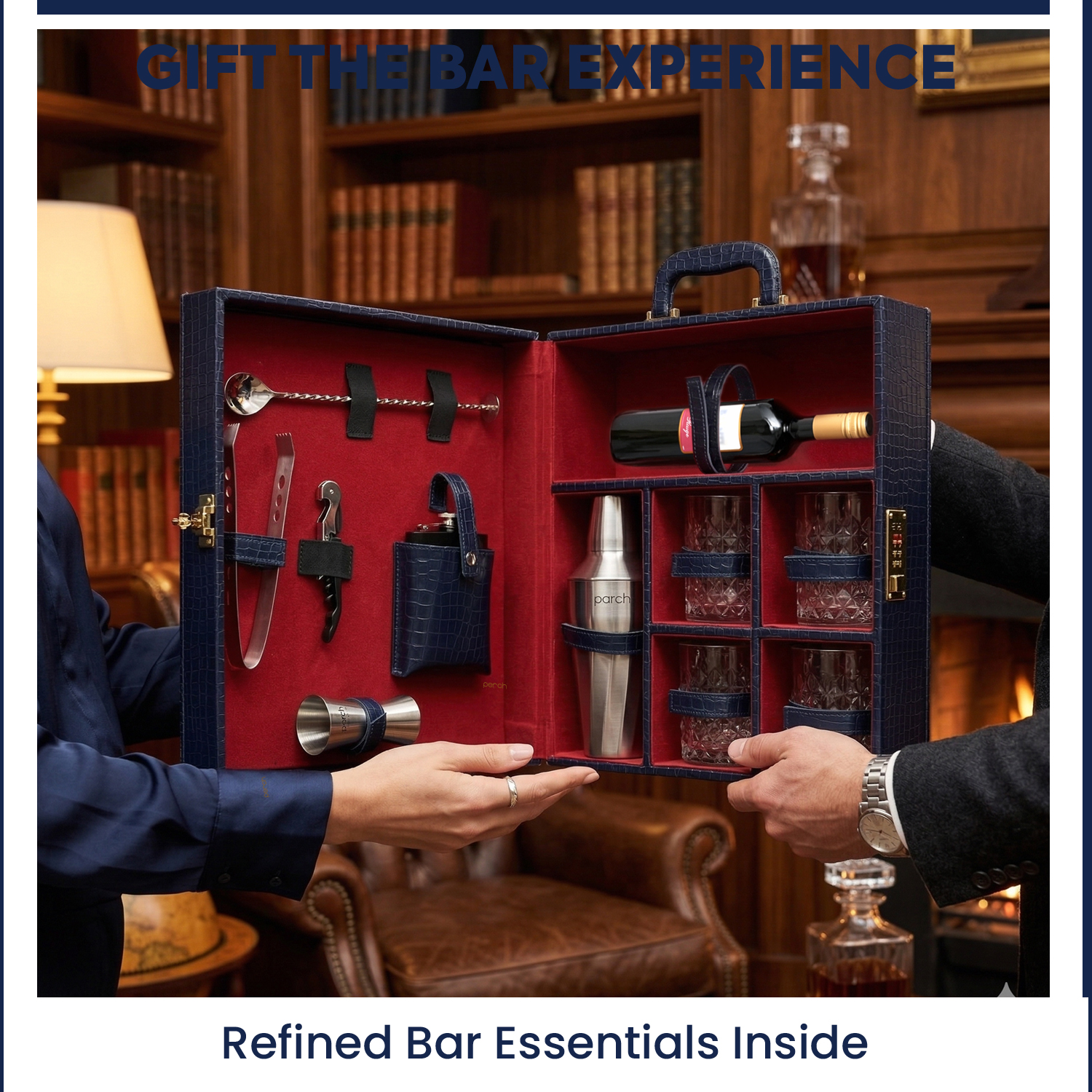11-Piece Crocodile Print Leatherette Suitcase Bar Set with Twist Cocktail Shaker & 4 Whisky Glasses – Silver