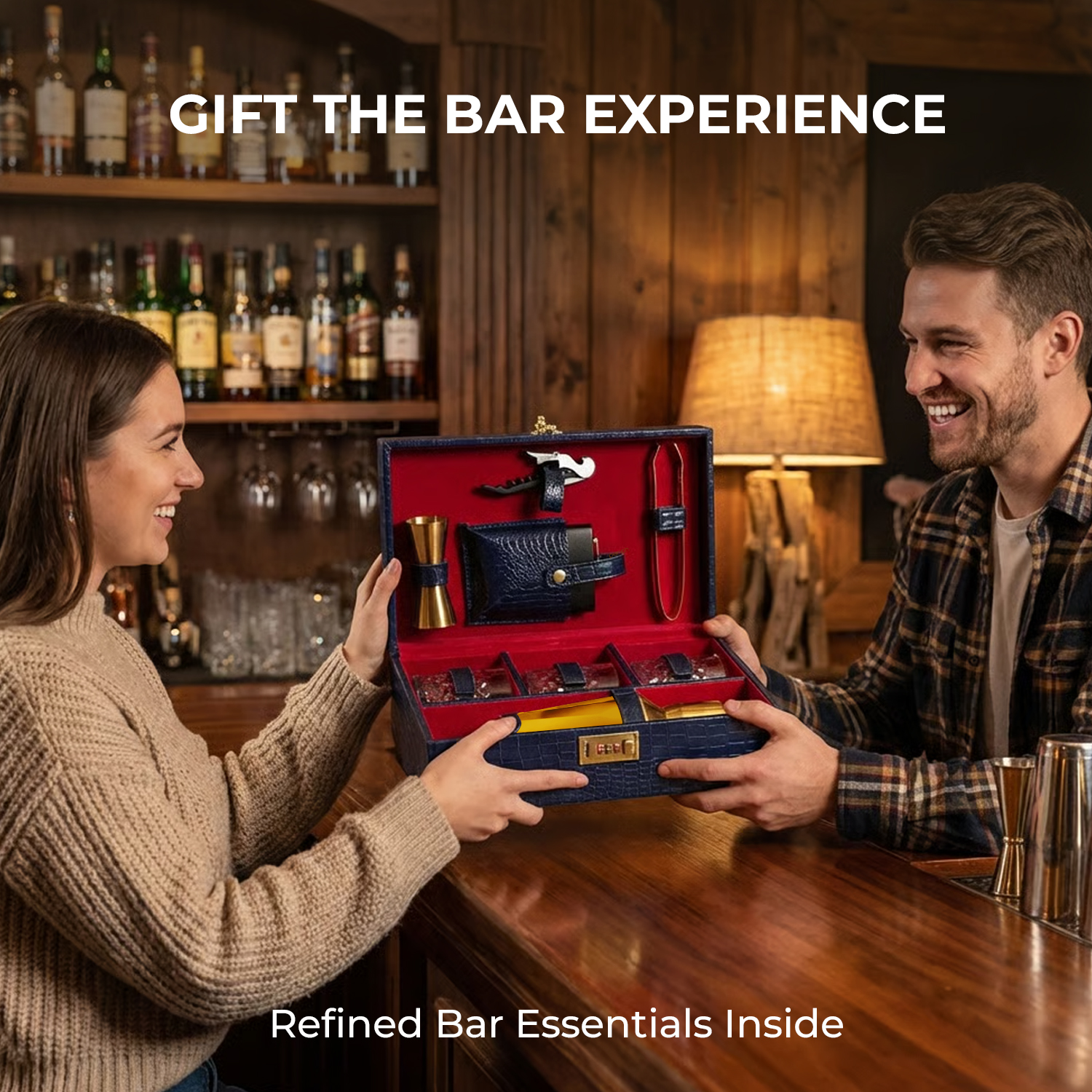9-Piece Crocodile Print Leatherette Suitcase Bar Set with Cocktail Shaker & 3 Whisky Glasses – Golden