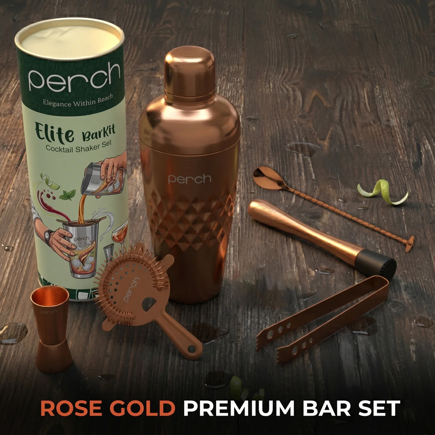 Elite 6-Piece Stainless Steel Bartender Kit | Belly Cocktail Shaker Set with Bar Tools - Rose Gold