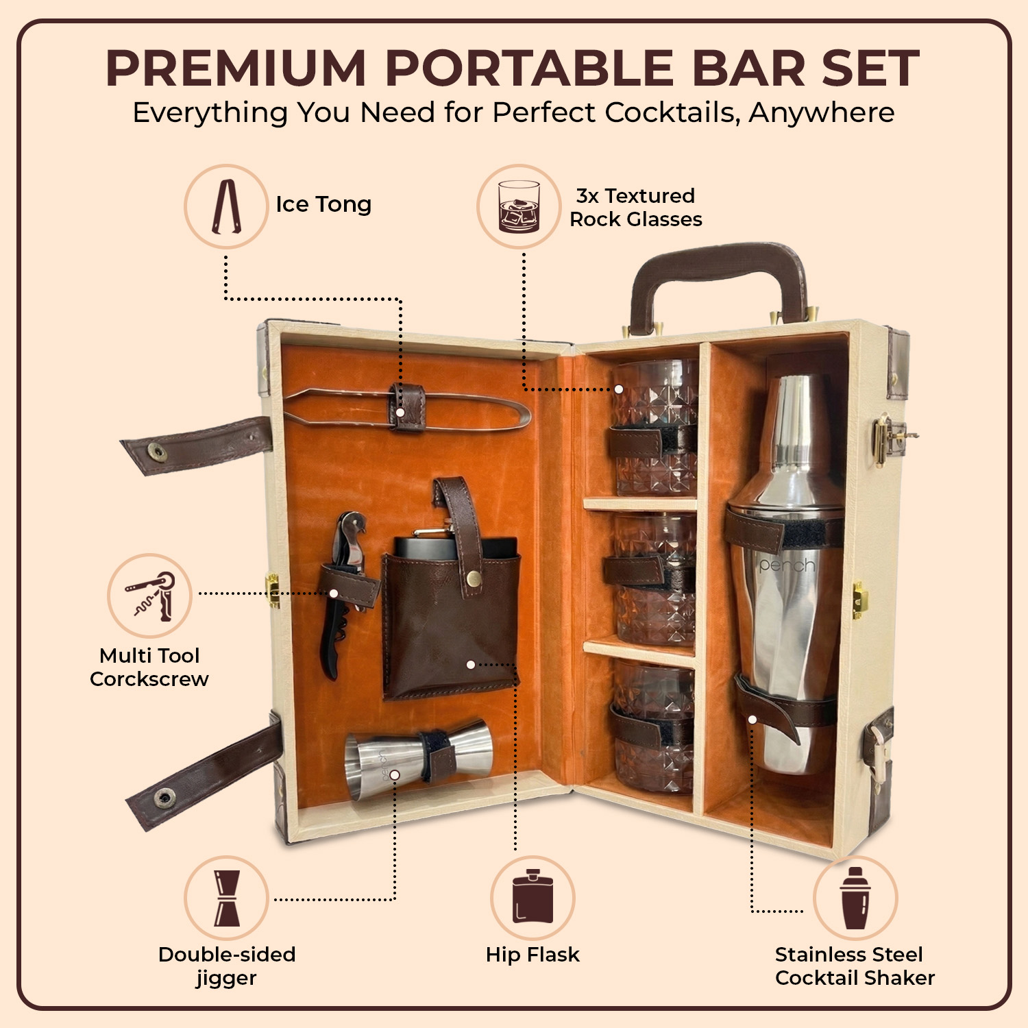 9-Piece Brown Leatherette Suitcase Bar Set with Cocktail Shaker & 3 Whisky Glasses – Silver