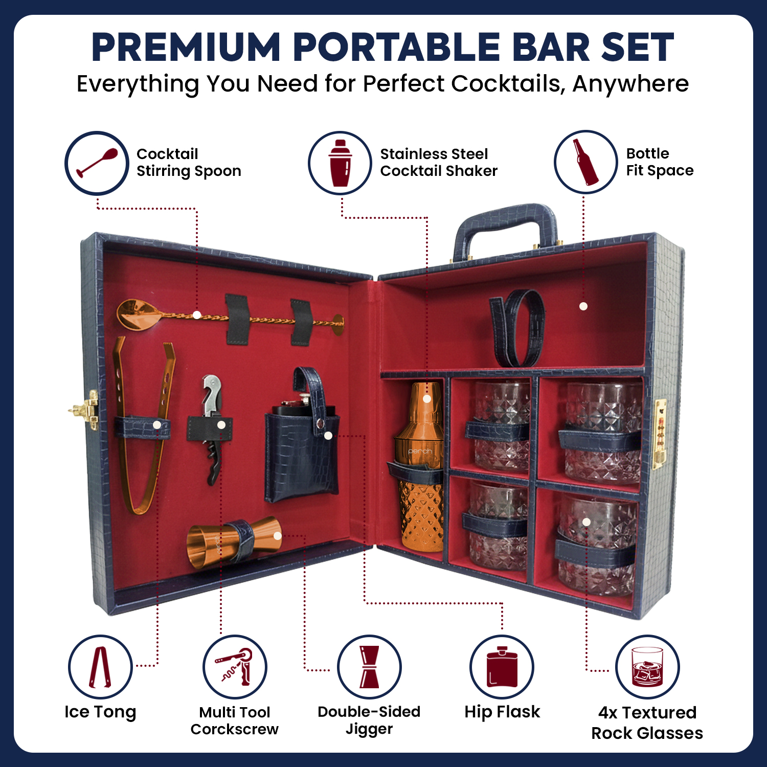 11-Piece Crocodile Print Leatherette Suitcase Bar Set with Diamond Cocktail Shaker & 4 Whisky Glasses – Rose Gold