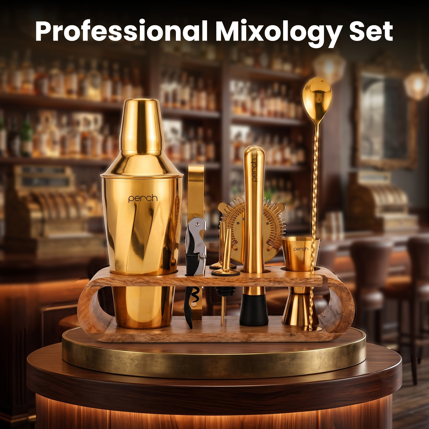 O' Holic 10-Piece Bartender Kit with Mango Wooden Stand | Twist Cocktail Shaker | Golden