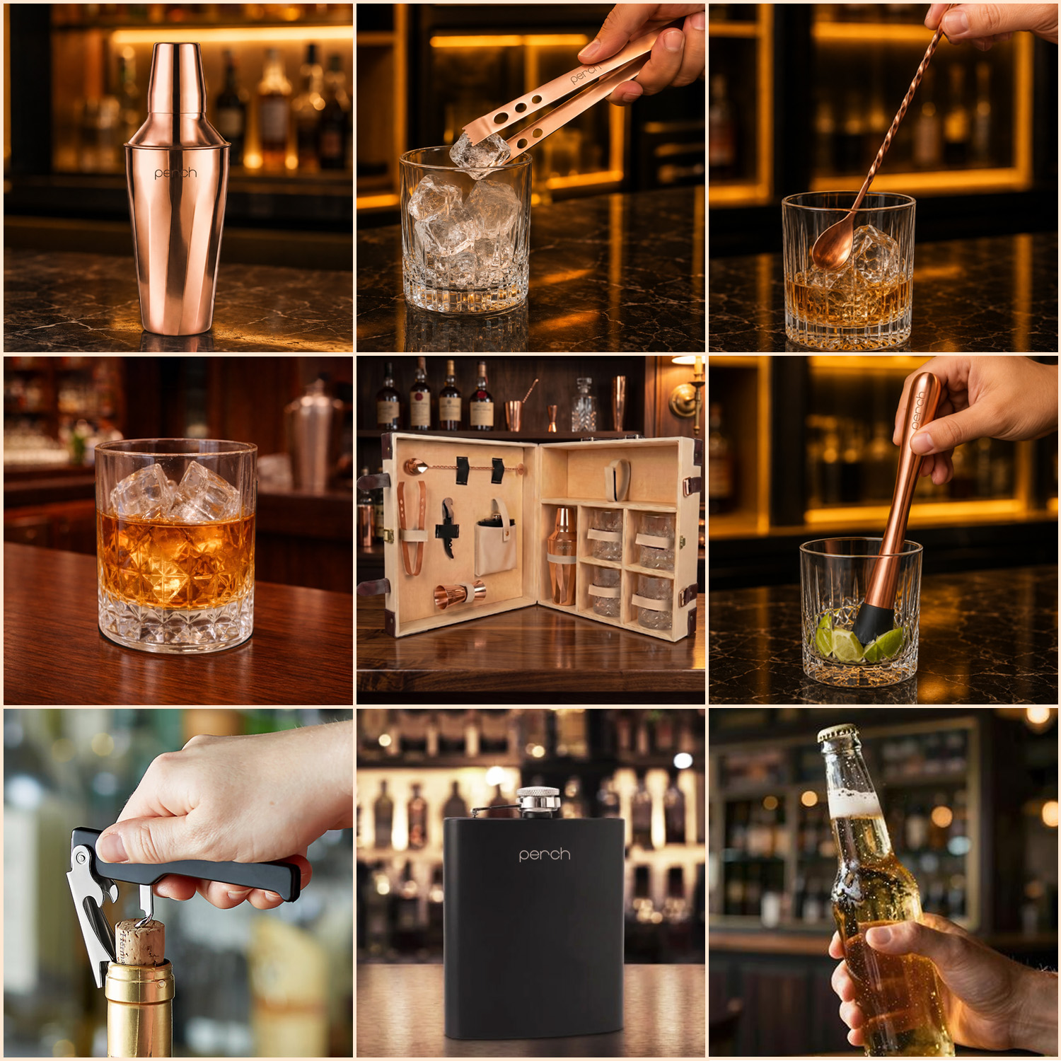 11-Piece Brown Leatherette Suitcase Bar Set with Cocktail Shaker & 4 Whisky Glasses – Rose Gold