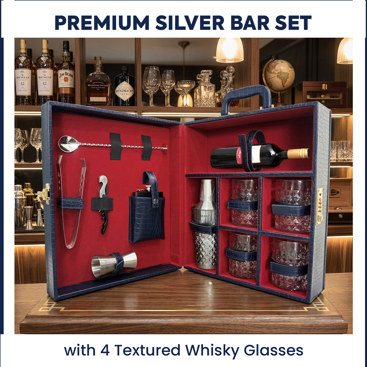 11-Piece Crocodile Print Leatherette Suitcase Bar Set with Diamond Cocktail Shaker & 4 Whisky Glasses – Silver