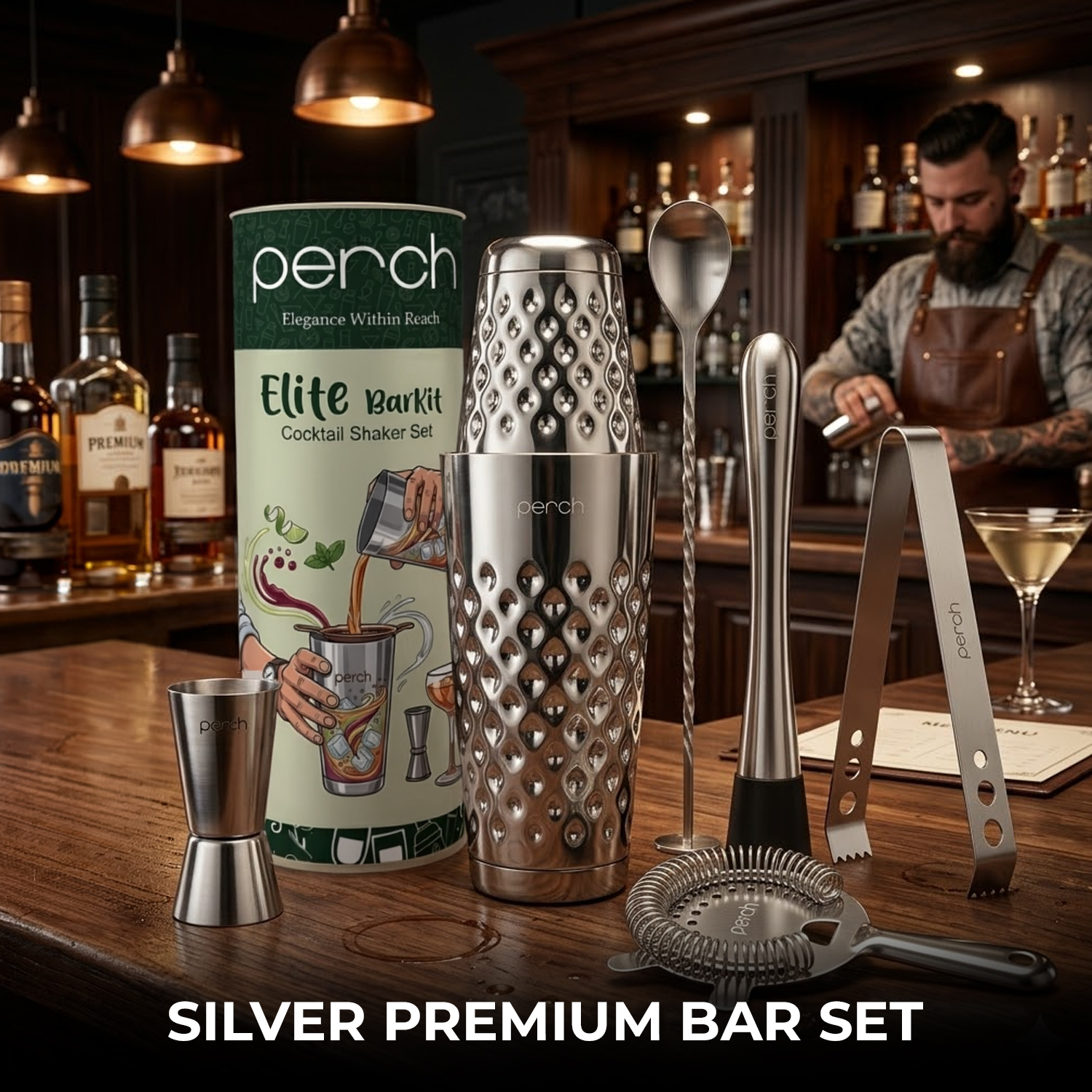 Elite 6-Piece Stainless Steel Bartender Kit | Boston Cocktail Shaker Set with Bar Tools -Silver
