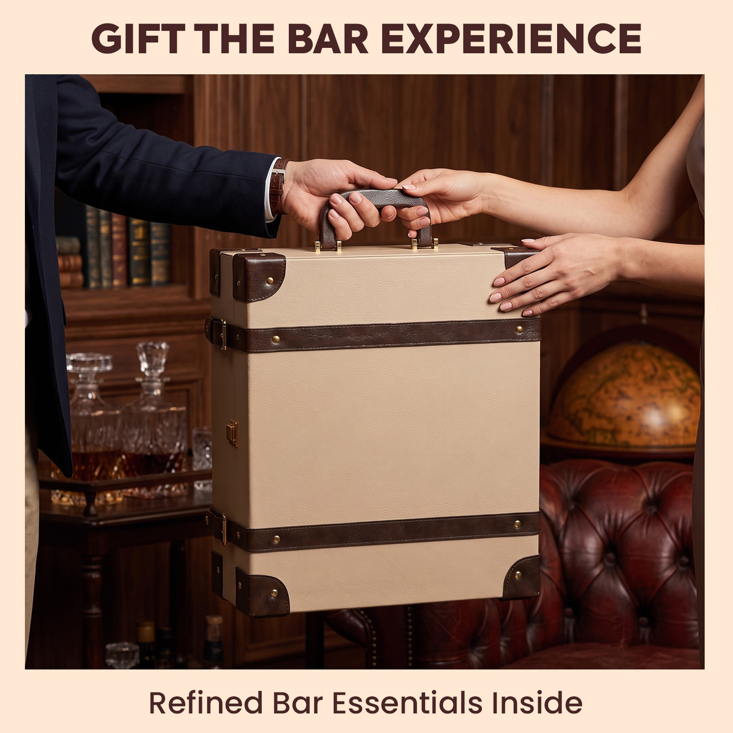 11-Piece Brown Leatherette Suitcase Bar Set with Cocktail Shaker & 4 Whisky Glasses – Rose Gold