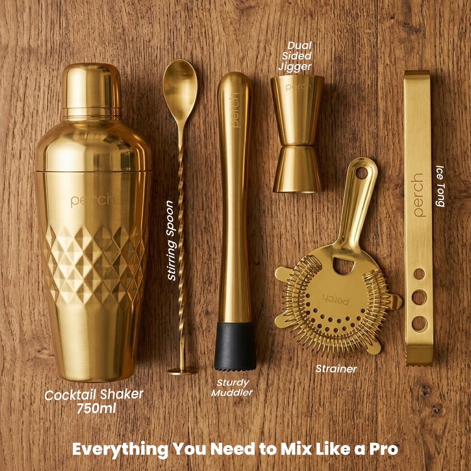 Elite 6-Piece Stainless Steel Bartender Kit | Belly Cocktail Shaker Set with Bar Tools - Golden