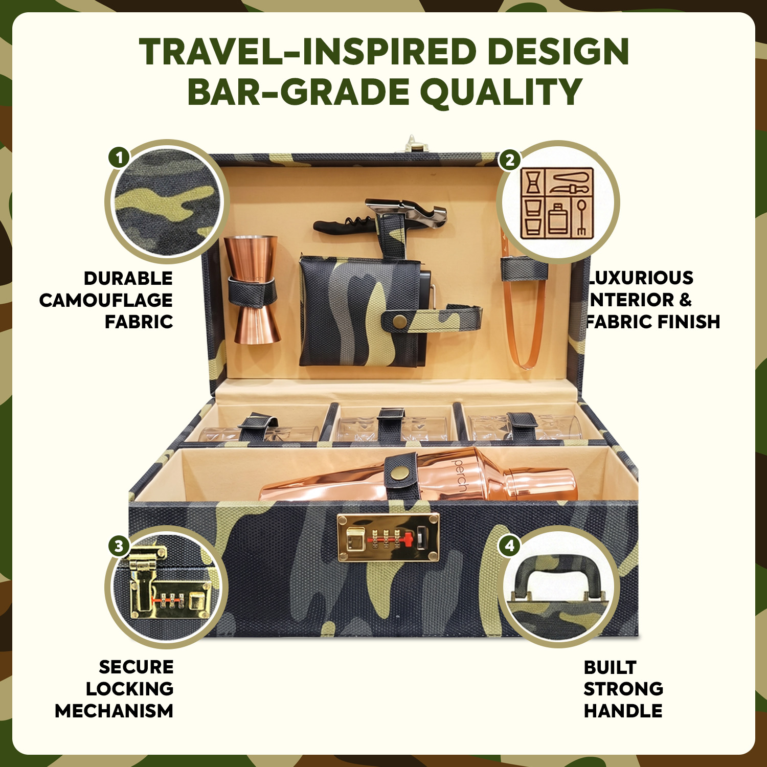 9-Piece Army Print Leatherette Suitcase Bar Set with Cocktail Shaker & 3 Whisky Glasses – Rose Gold