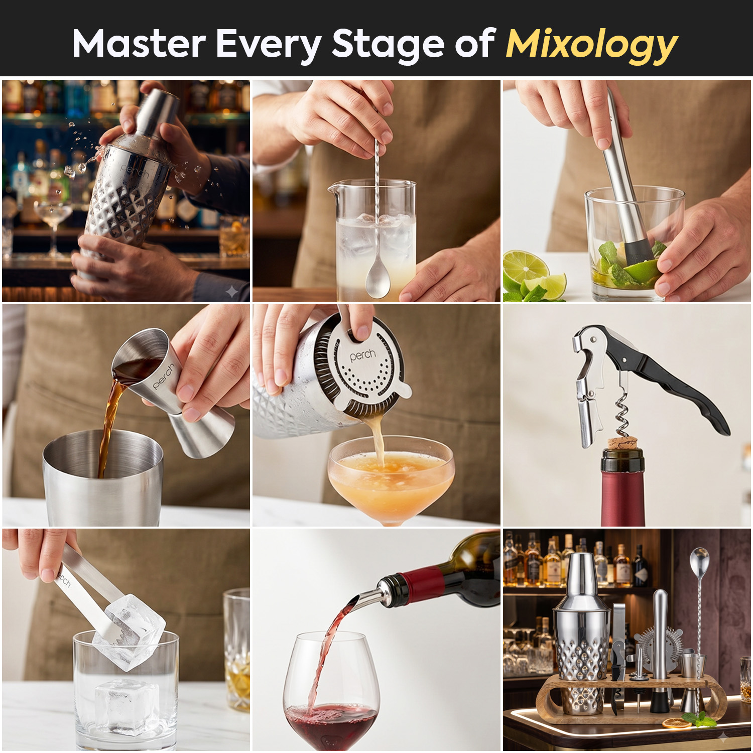 O' Holic 10-Piece Bartender Kit with Mango Wooden Stand | Diamond Cocktail Shaker | Silver