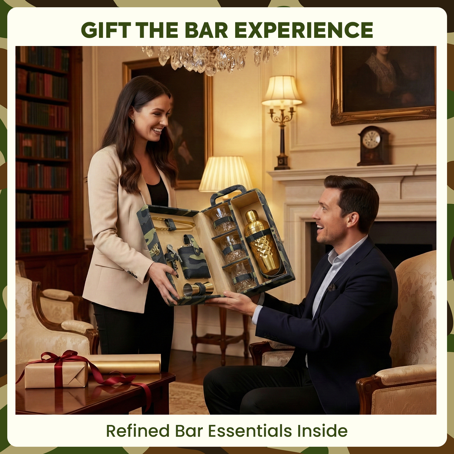 9-Piece Army Print Leatherette Suitcase Bar Set with Cocktail Shaker & 3 Whisky Glasses – Golden