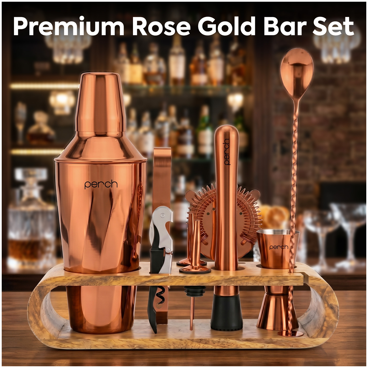 O' Holic 10-Piece Bartender Kit with Mango Wooden Stand | Belly Cocktail Shaker | Golden