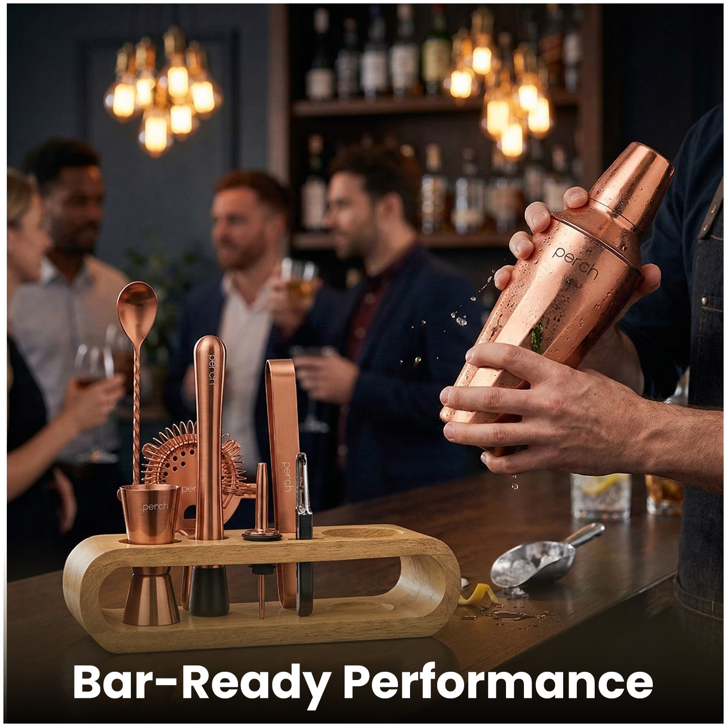 O' Holic 10-Piece Bartender Kit with Mango Wooden Stand | Twist Cocktail Shaker | Rose Gold