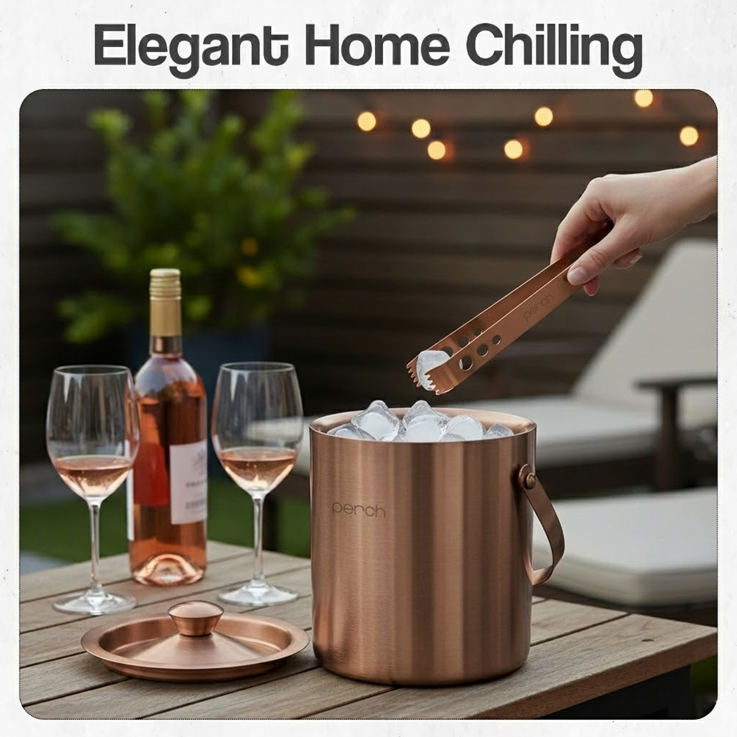 Rose Gold Stainless Steel Ice Bucket Set with Lid, Handle & Ice Tong – 1.5L