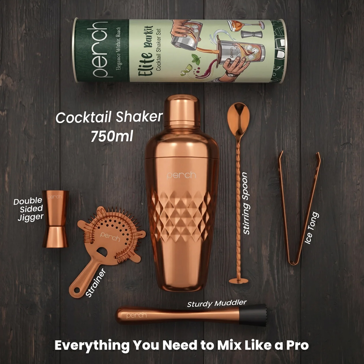 Elite 6-Piece Stainless Steel Bartender Kit | Belly Cocktail Shaker Set with Bar Tools - Rose Gold