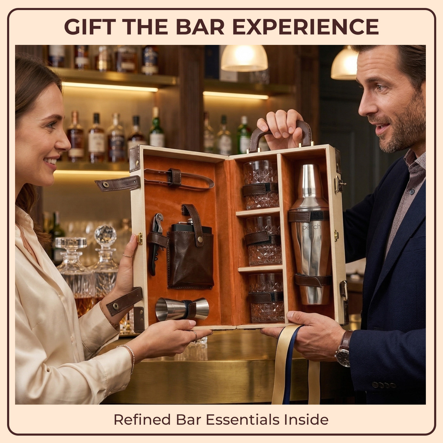 9-Piece Brown Leatherette Suitcase Bar Set with Cocktail Shaker & 3 Whisky Glasses – Silver