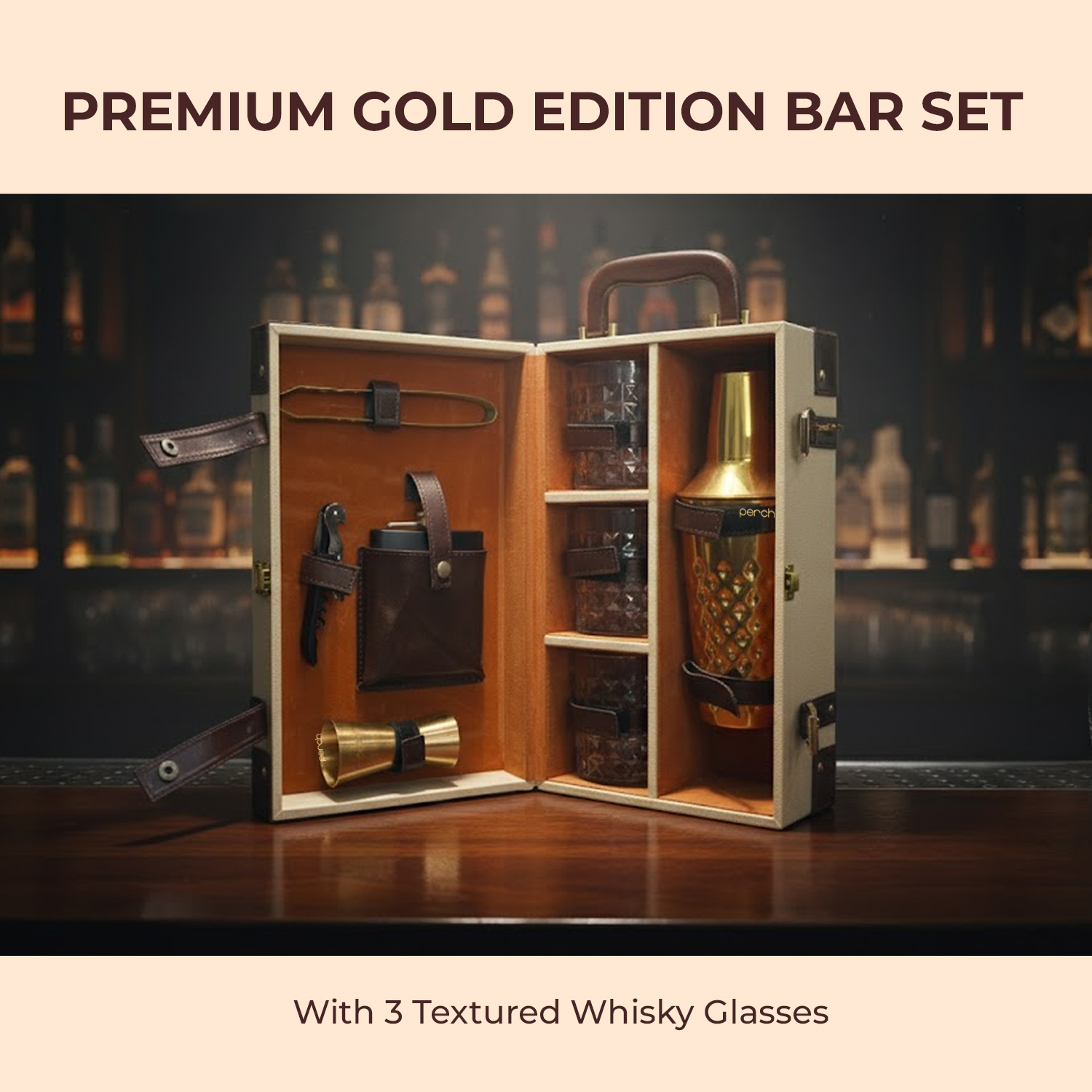 9-Piece Brown Leatherette Suitcase Bar Set with Cocktail Shaker & 3 Whisky Glasses – Golden