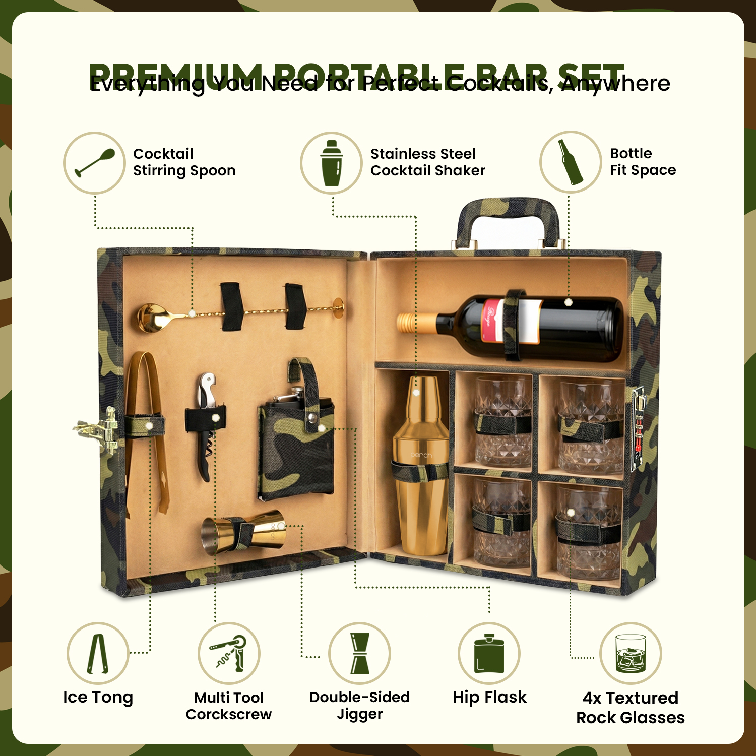 11-Piece Army Print Leatherette Suitcase Bar Set with Twist Cocktail Shaker & 4 Whisky Glasses – Golden