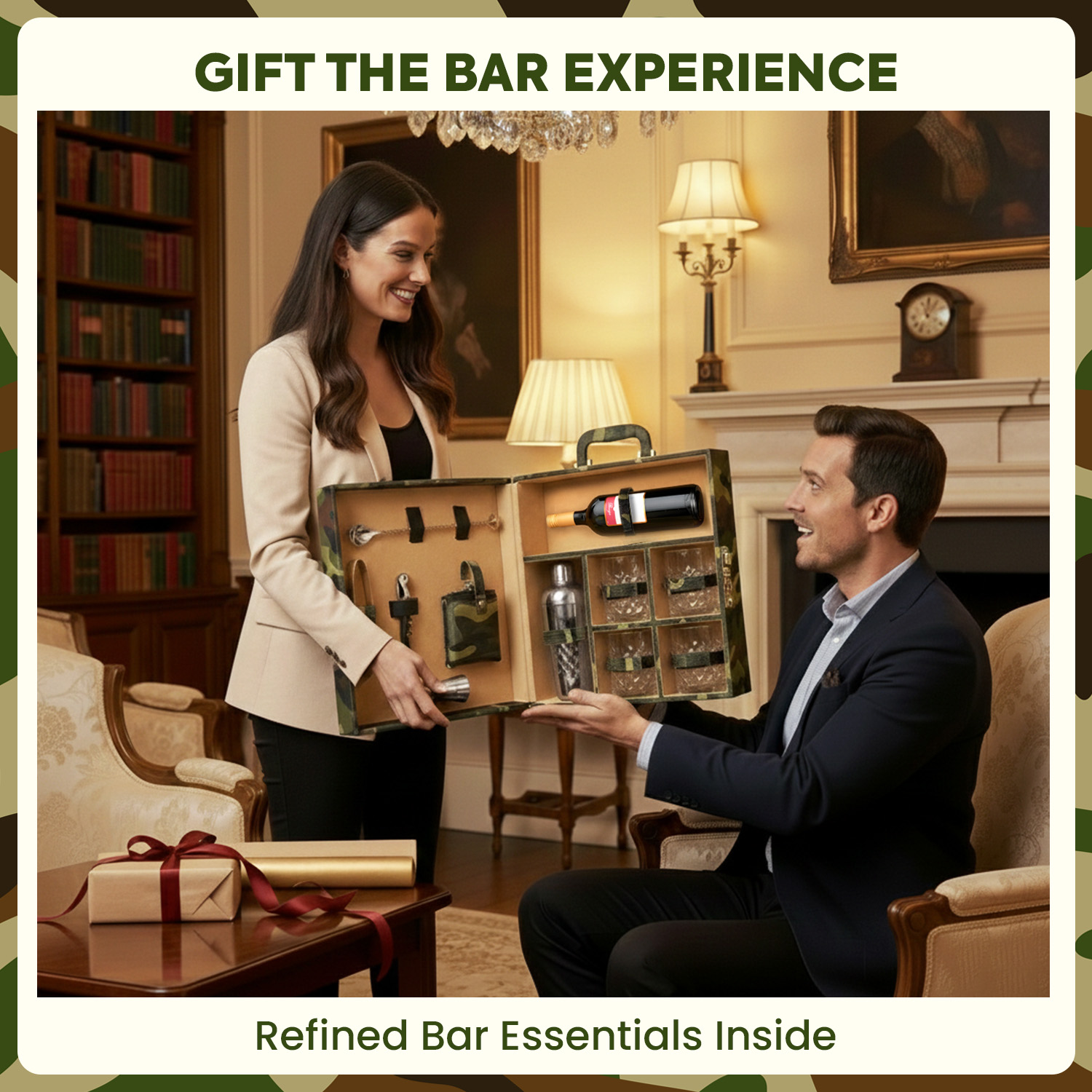 11-Piece Army Print Leatherette Suitcase Bar Set with Cocktail Shaker & 4 Whisky Glasses – Silver
