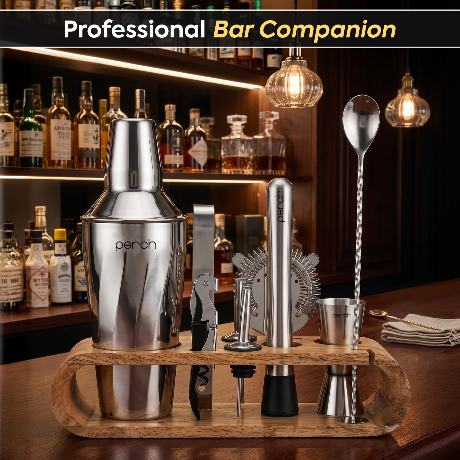 O' Holic 10-Piece Bartender Kit with Mango Wooden Stand | Twist Cocktail Shaker | Silver