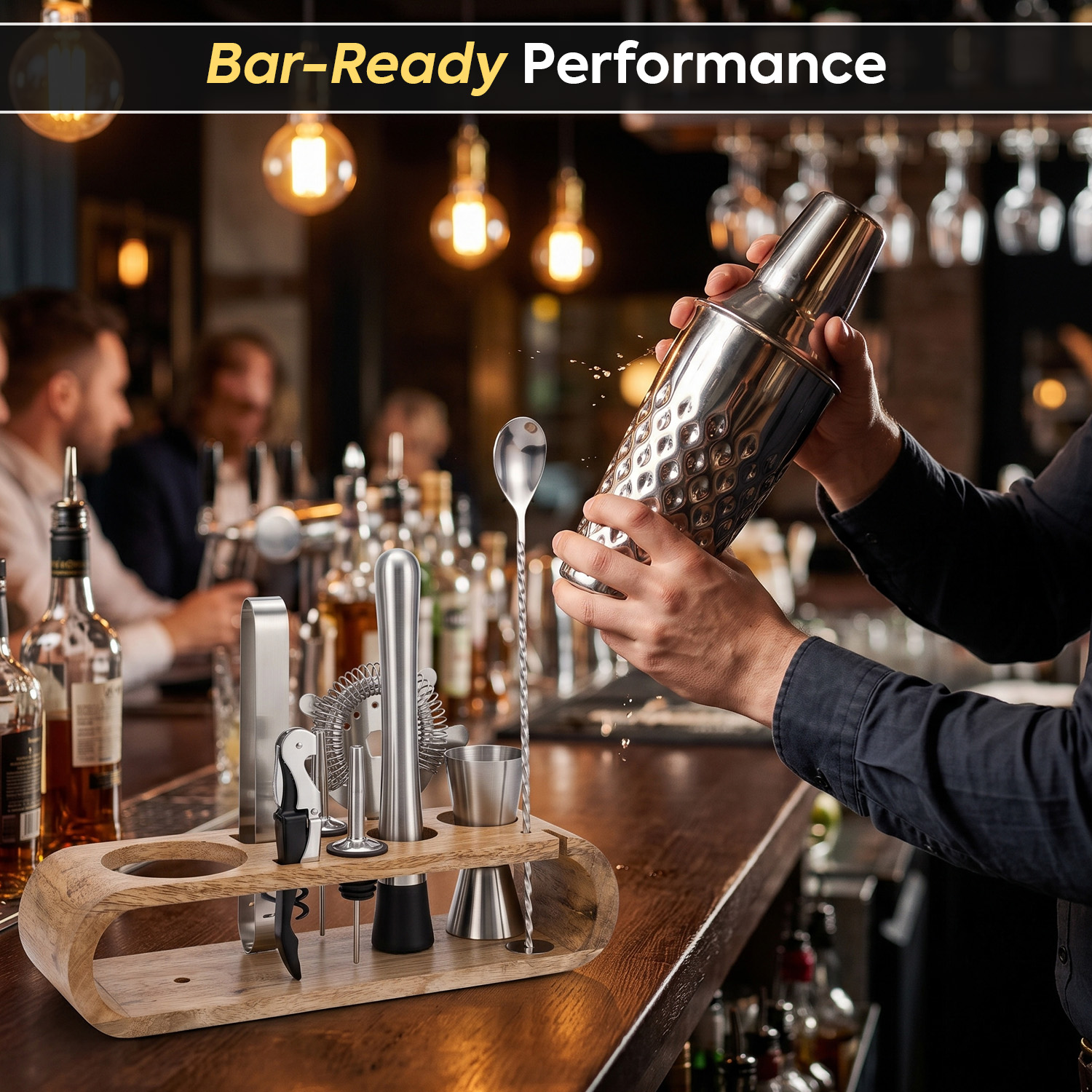 O' Holic 10-Piece Bartender Kit with Mango Wooden Stand | Diamond Cocktail Shaker | Silver