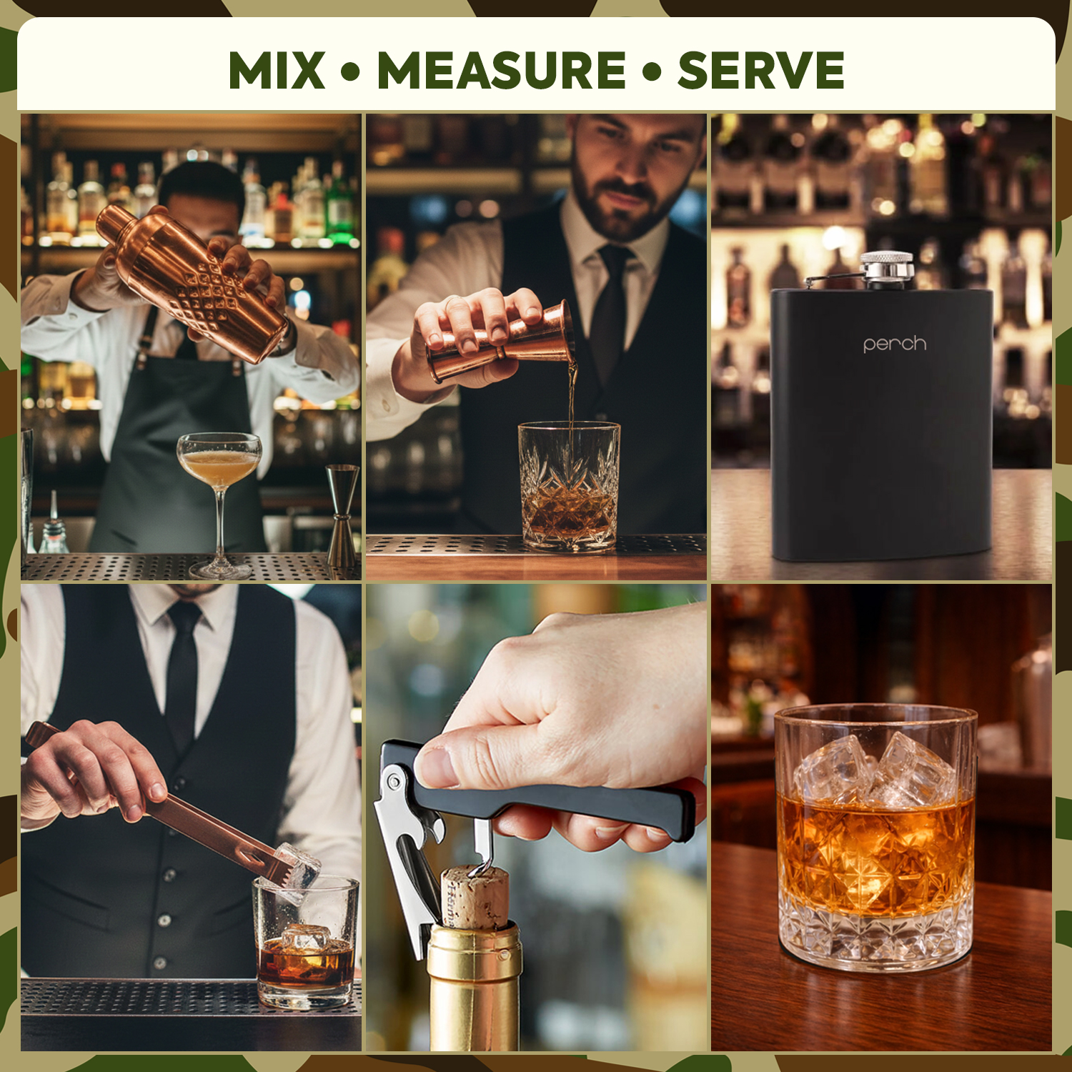 9-Piece Army Print Leatherette Suitcase Bar Set with Cocktail Shaker & 3 Whisky Glasses – Rose Gold