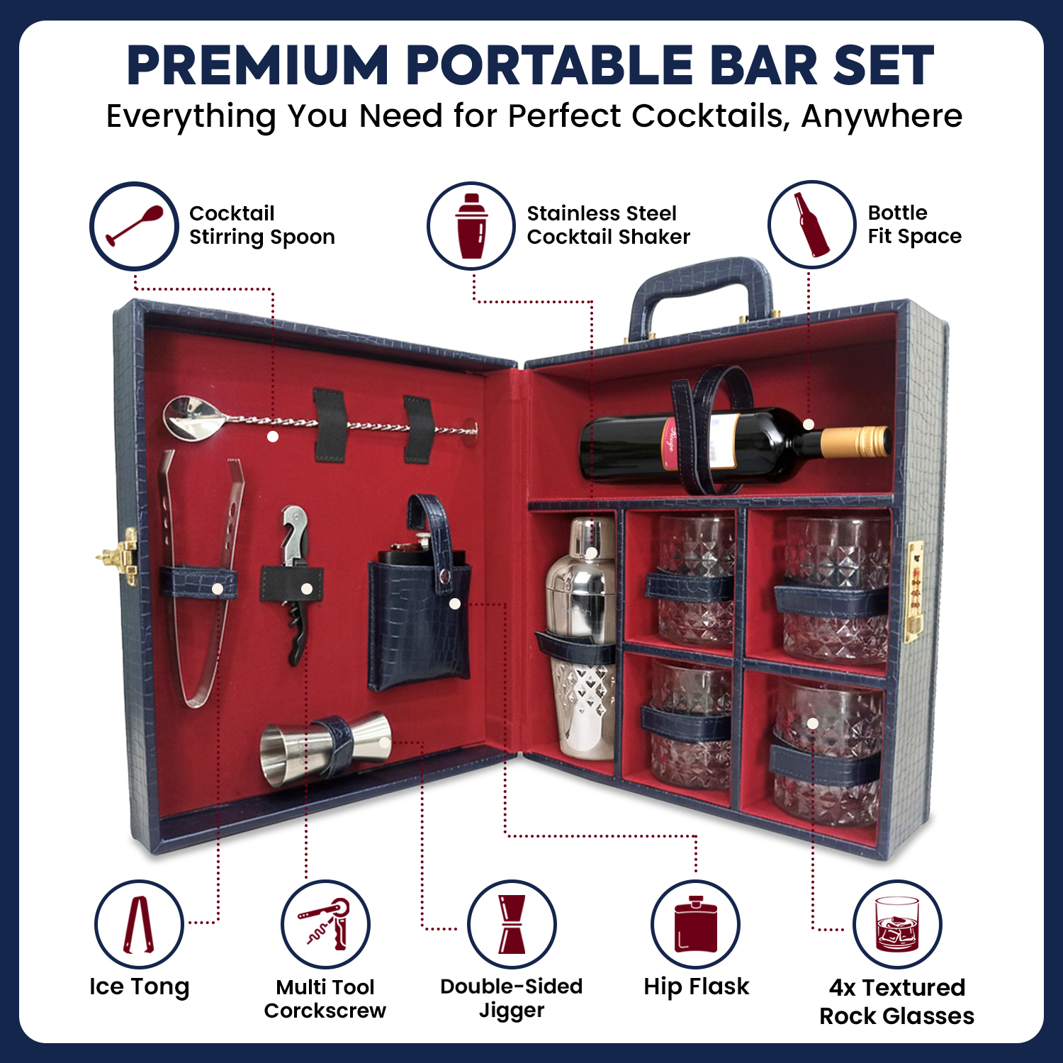 11-Piece Crocodile Print Leatherette Suitcase Bar Set with Belly Cocktail Shaker & 4 Whisky Glasses – Silver