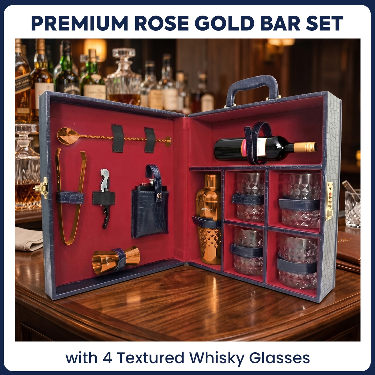 11-Piece Crocodile Print Leatherette Suitcase Bar Set with Belly Cocktail Shaker & 4 Whisky Glasses – Rose Gold