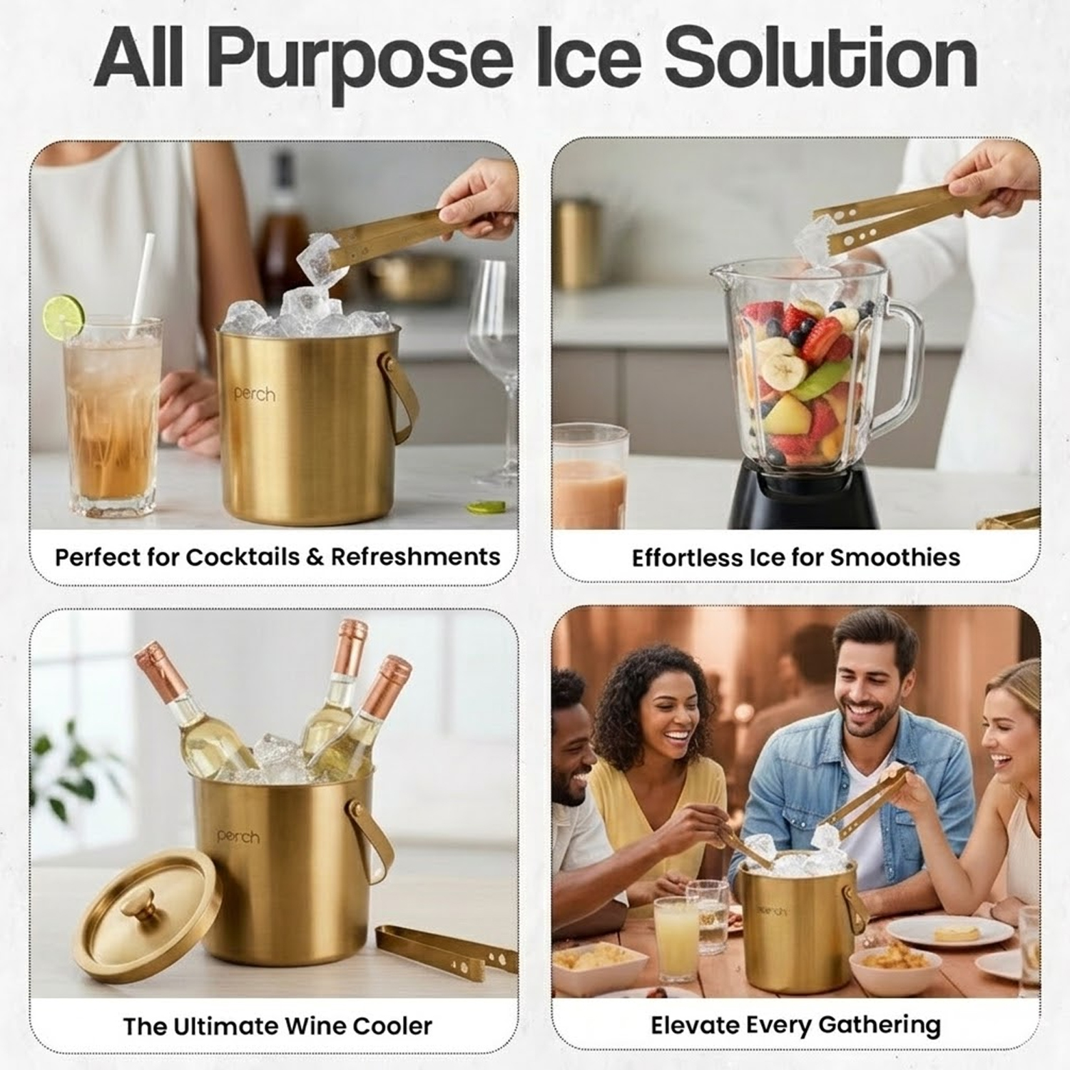 Gold Stainless Steel Ice Bucket Set with Lid, Handle & Ice Tong – 1.5L