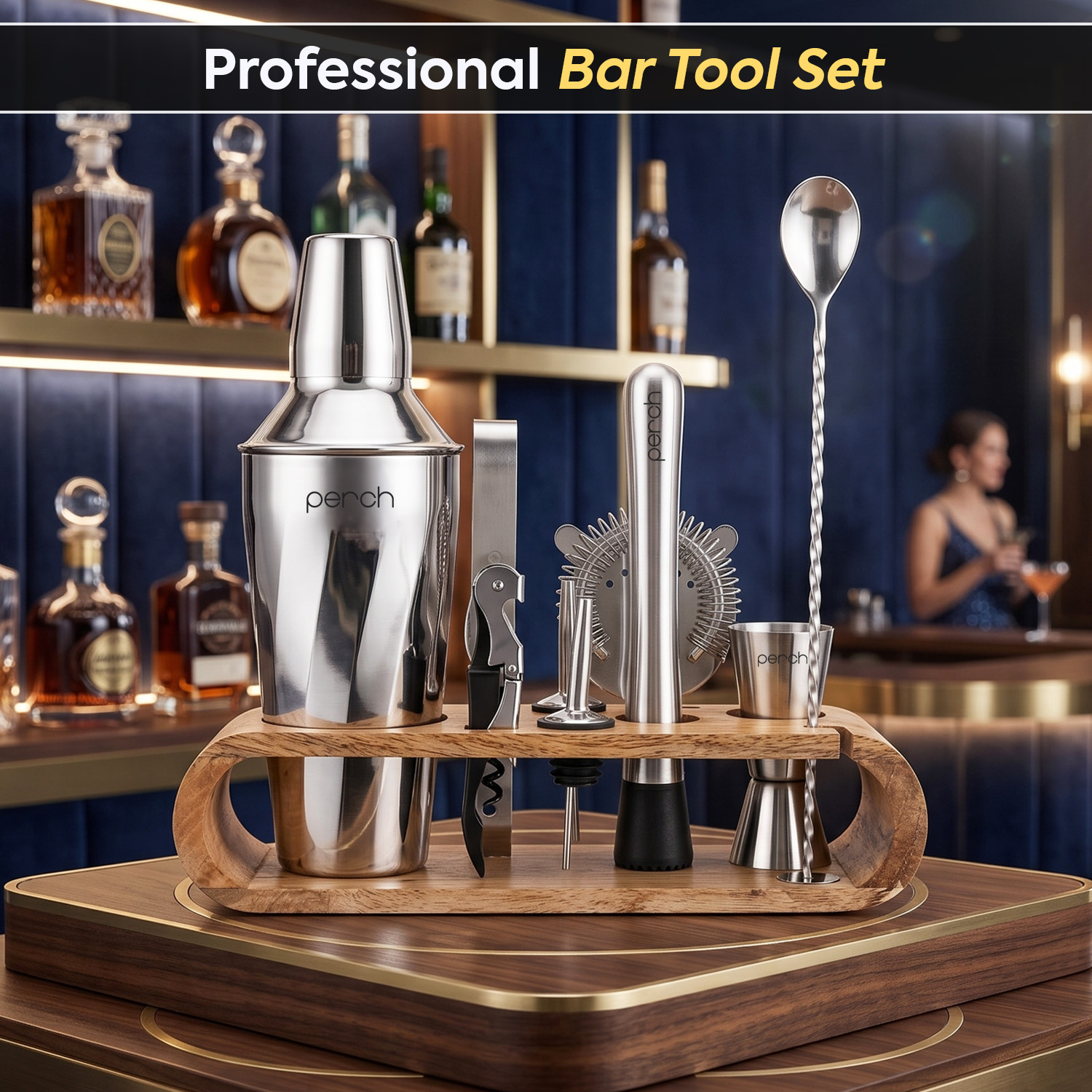 O' Holic 10-Piece Bartender Kit with Mango Wooden Stand | Twist Cocktail Shaker | Silver