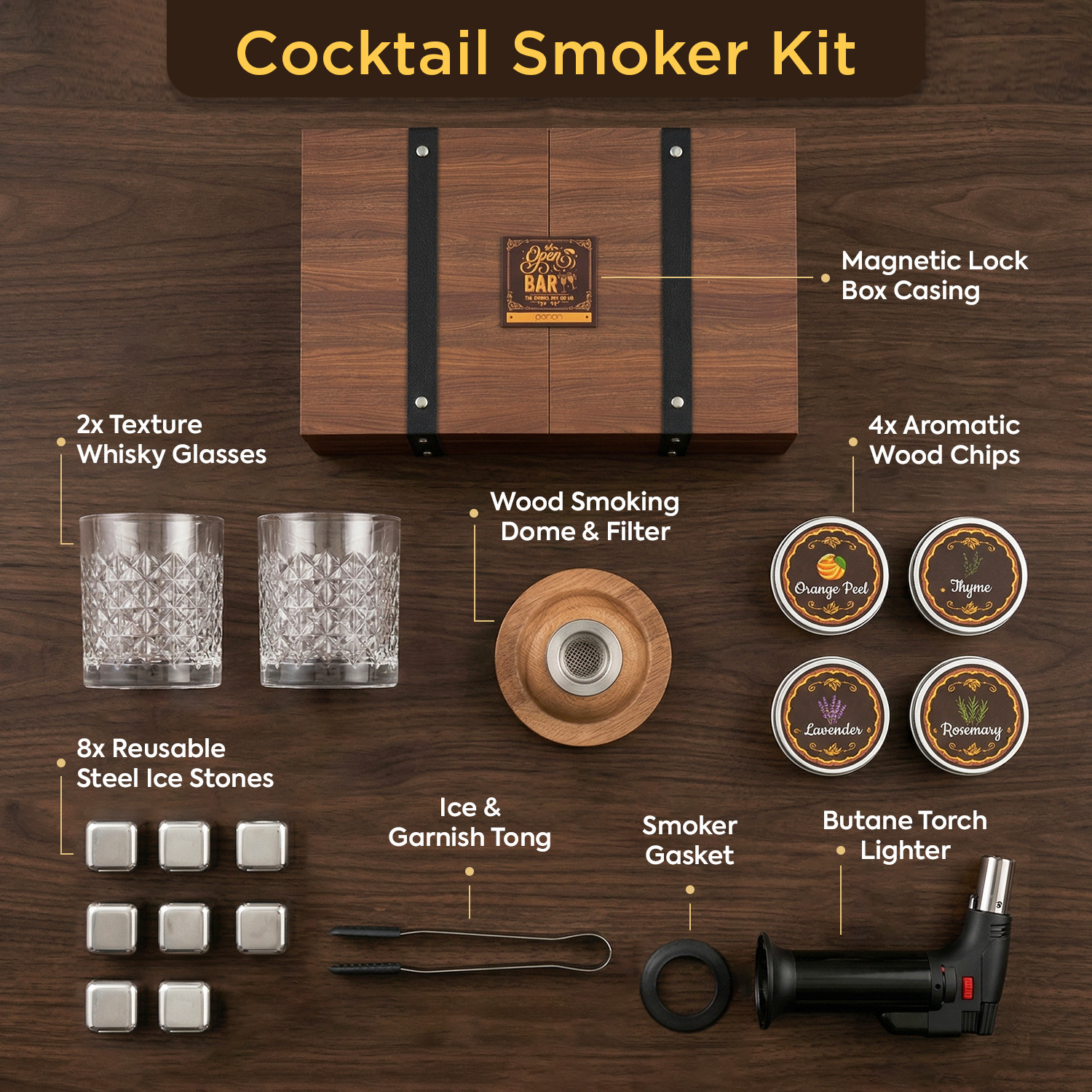 Cocktail Smoker Kit with Torch | Whiskey & Bourbon Smoke Infuser Set with 2 Glasses, 4 Natural Wood Chip Flavors & Whiskey Stones