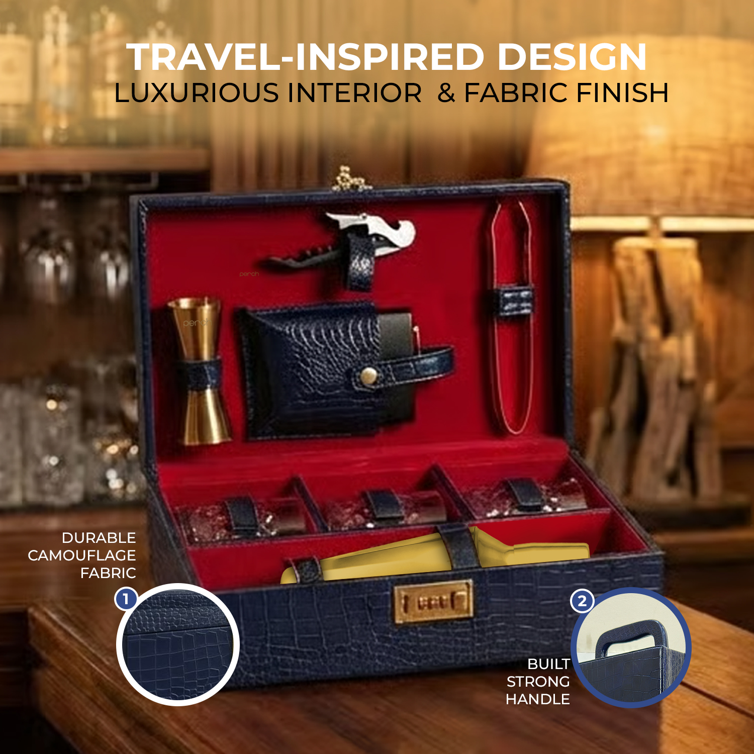 9-Piece Crocodile Print Leatherette Suitcase Bar Set with Cocktail Shaker & 3 Whisky Glasses – Golden