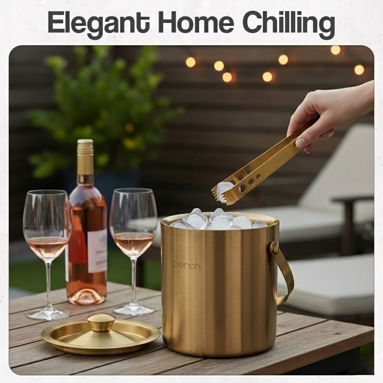 Gold Stainless Steel Ice Bucket Set with Lid, Handle & Ice Tong – 1.5L