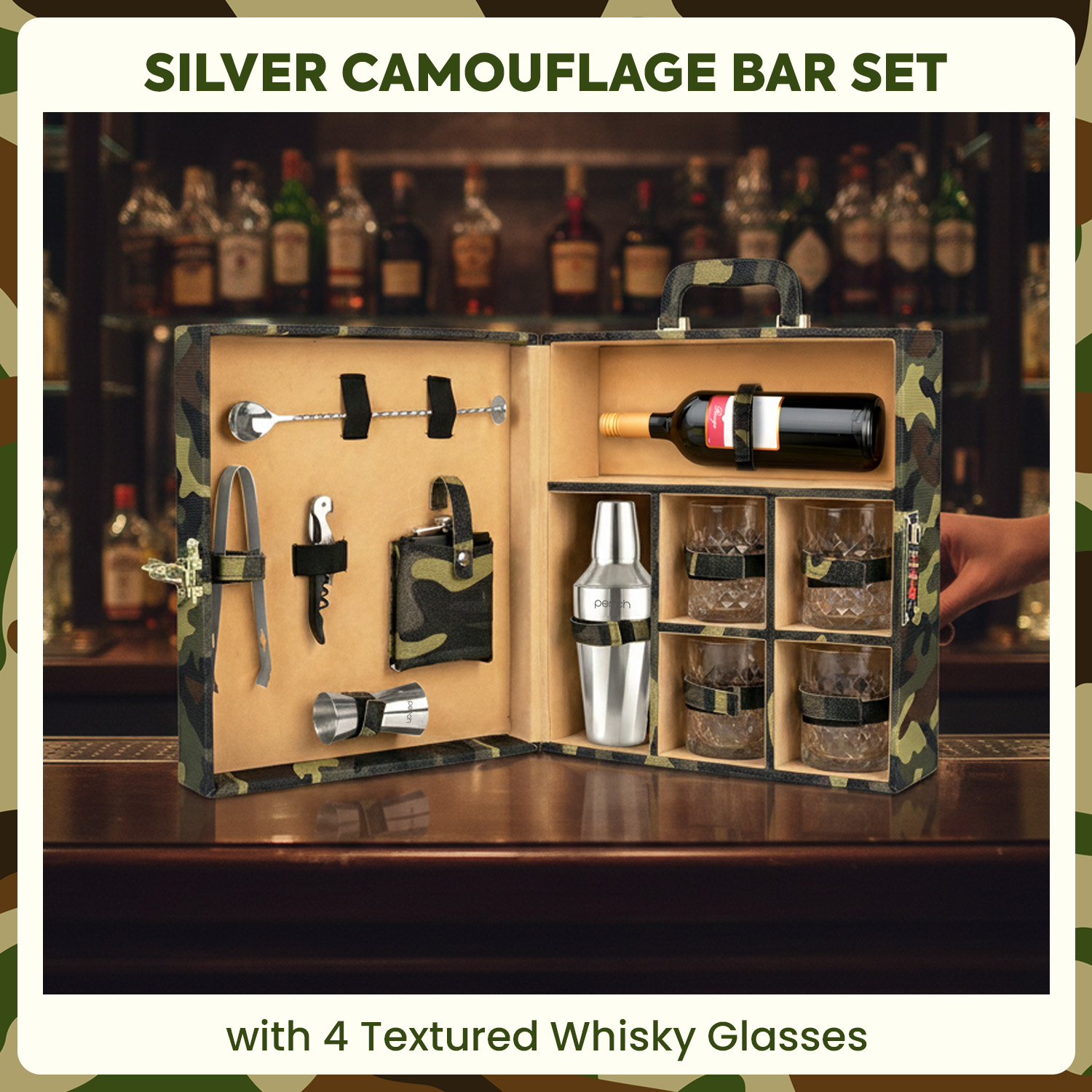 11-Piece Army Print Leatherette Suitcase Bar Set with Twist Cocktail Shaker & 4 Whisky Glasses – Silver