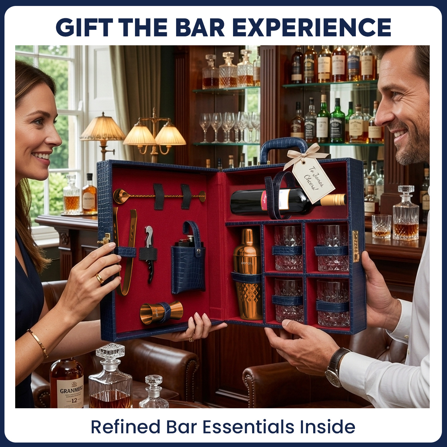 11-Piece Crocodile Print Leatherette Suitcase Bar Set with Belly Cocktail Shaker & 4 Whisky Glasses – Rose Gold