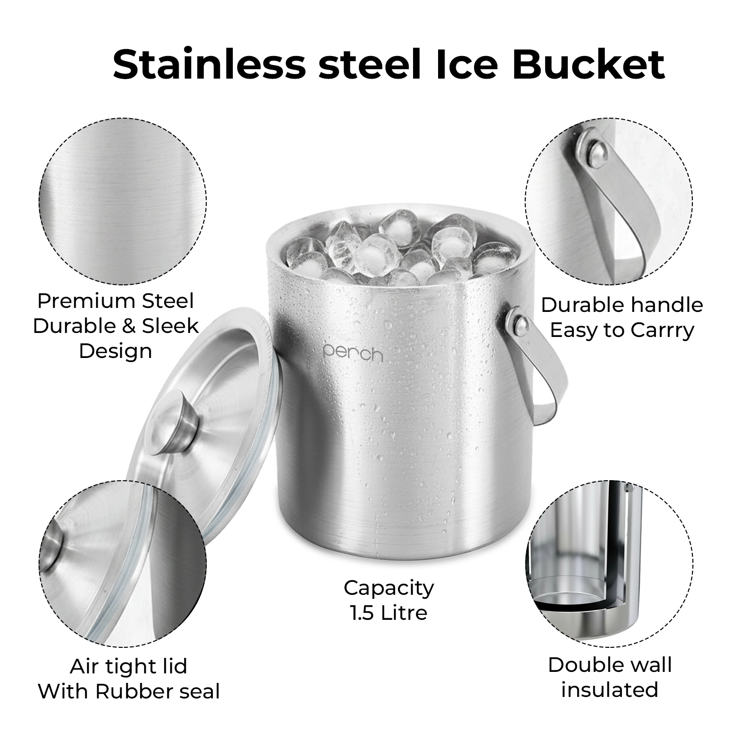 Silver Stainless Steel Ice Bucket Set with Lid, Handle, Ice Tong & Jigger – 1.5L