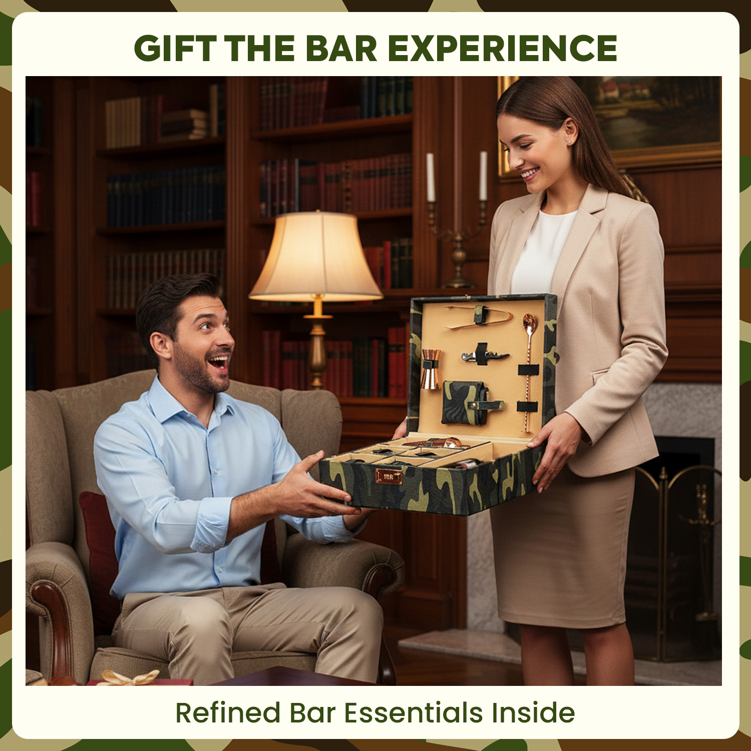 11-Piece Army Print Leatherette Suitcase Bar Set with Belly Cocktail Shaker & 4 Whisky Glasses – Rose Gold
