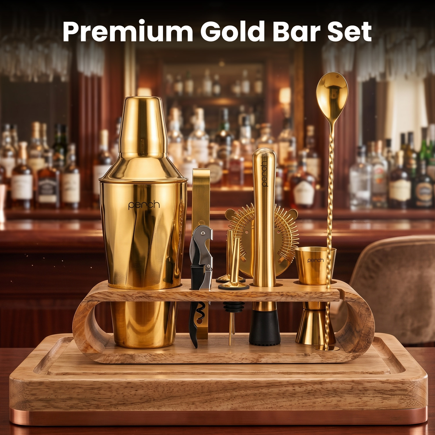 O' Holic 10-Piece Bartender Kit with Mango Wooden Stand | Twist Cocktail Shaker | Golden