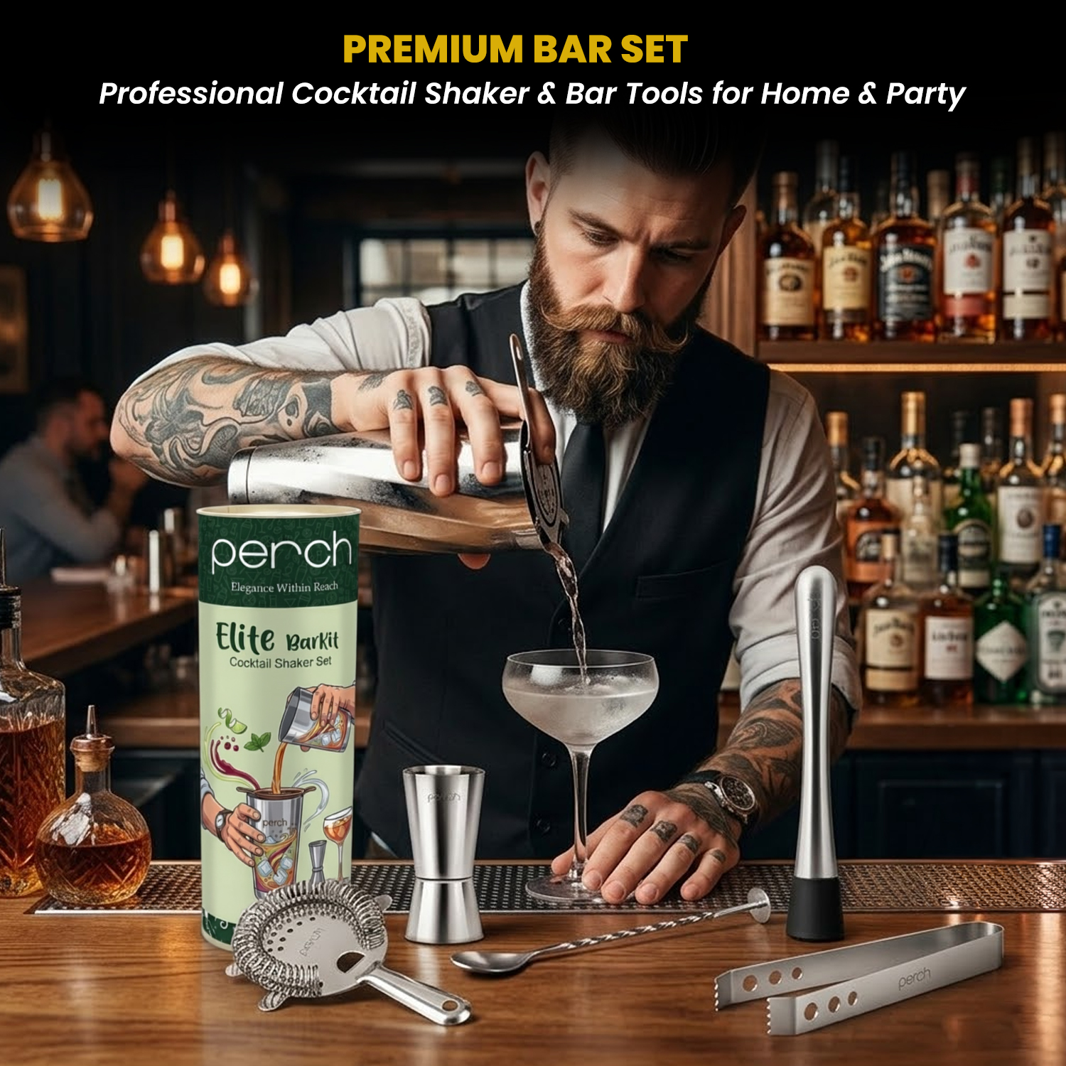 Elite 6-Piece Stainless Steel Bartender Kit | Twist Cocktail Shaker Set with Bar Tools -Silver