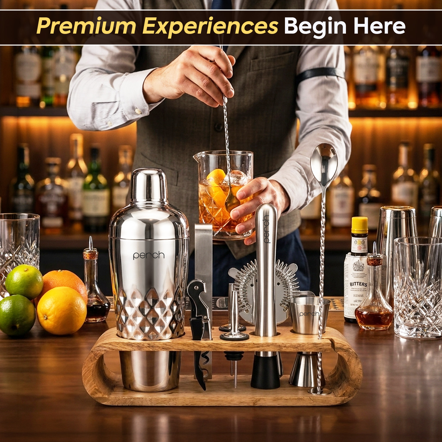 O' Holic 10-Piece Bartender Kit with Mango Wooden Stand | Belly Cocktail Shaker| Silver