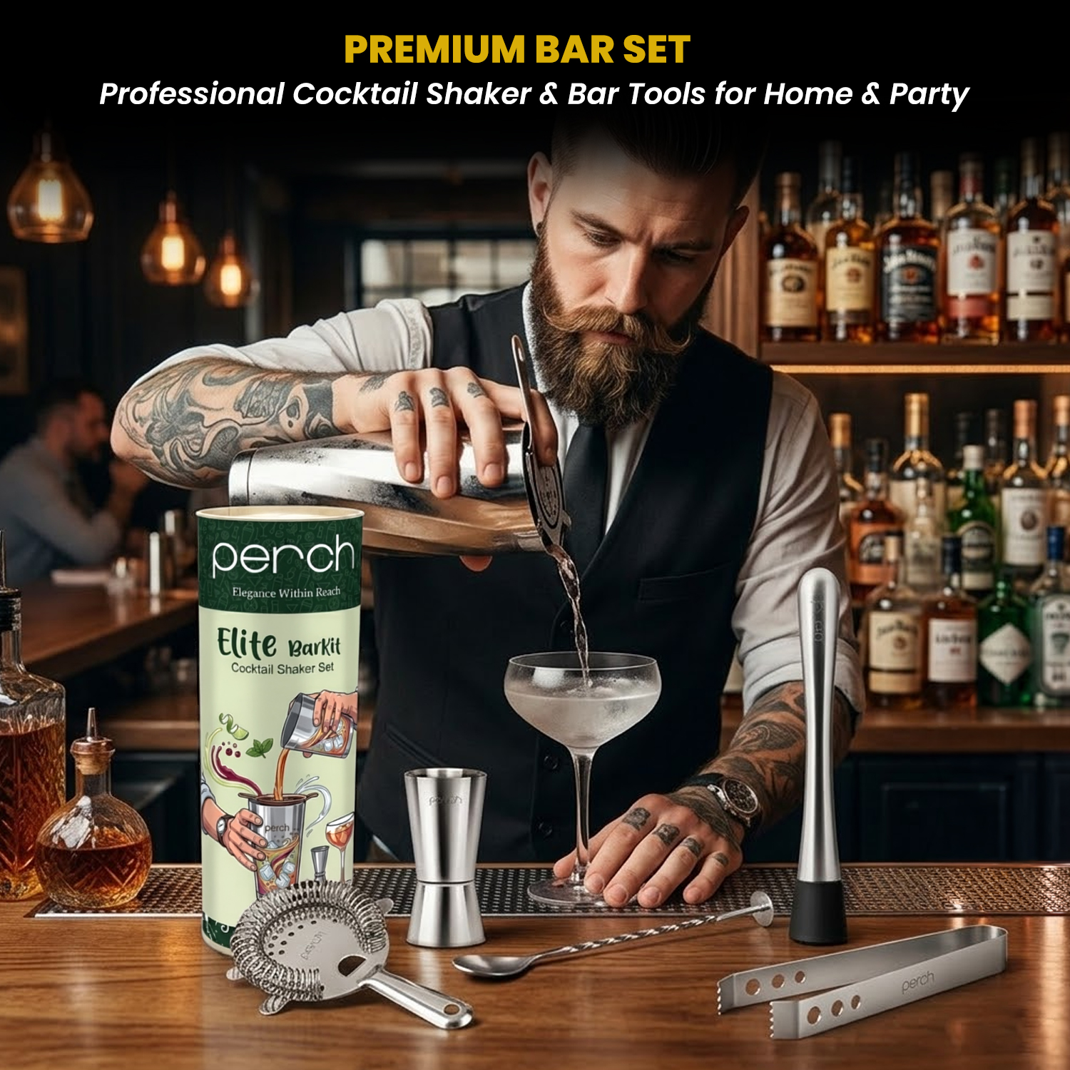 Elite 6-Piece Stainless Steel Bartender Kit | Twist Cocktail Shaker Set with Bar Tools - Silver