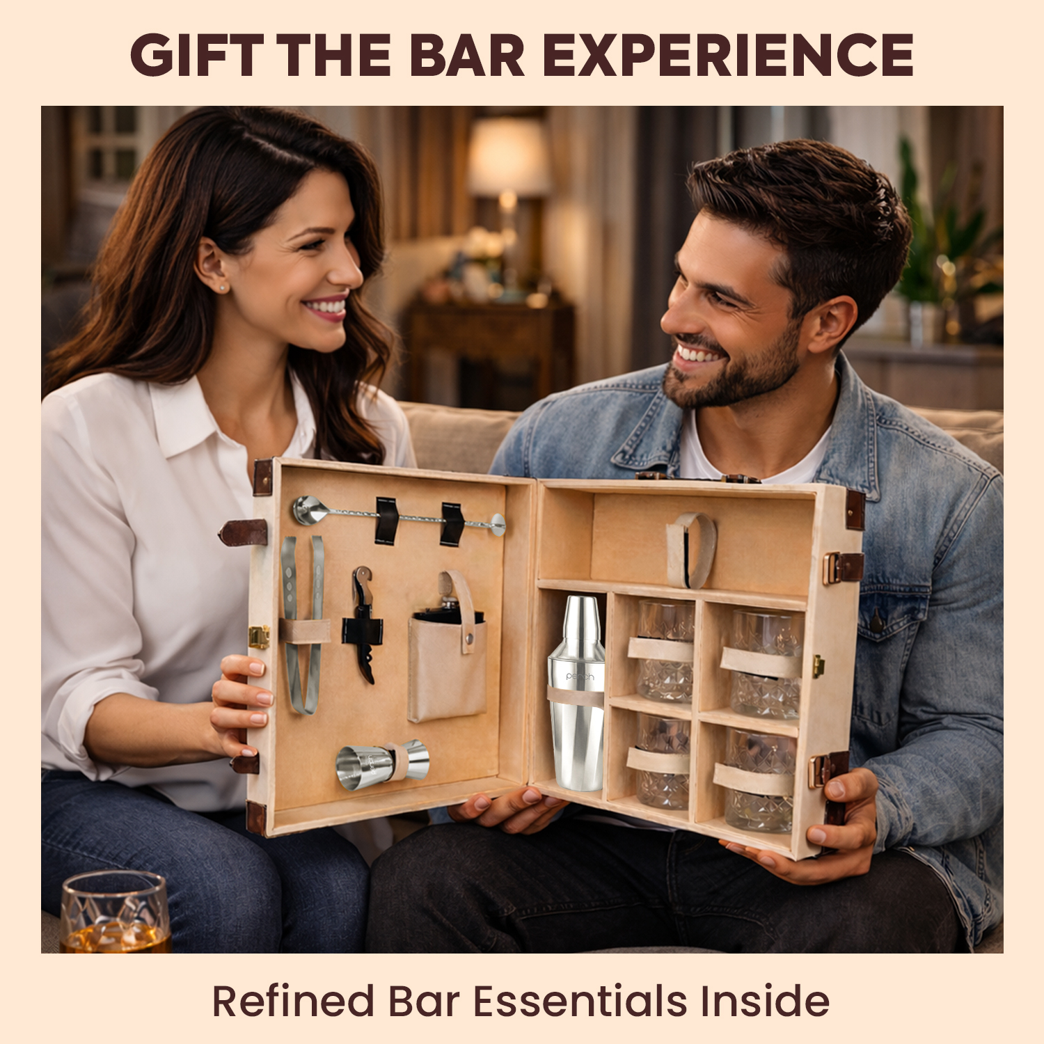 11-Piece Brown Leatherette Suitcase Bar Set with Twist Cocktail Shaker & 4 Whisky Glasses – Silver