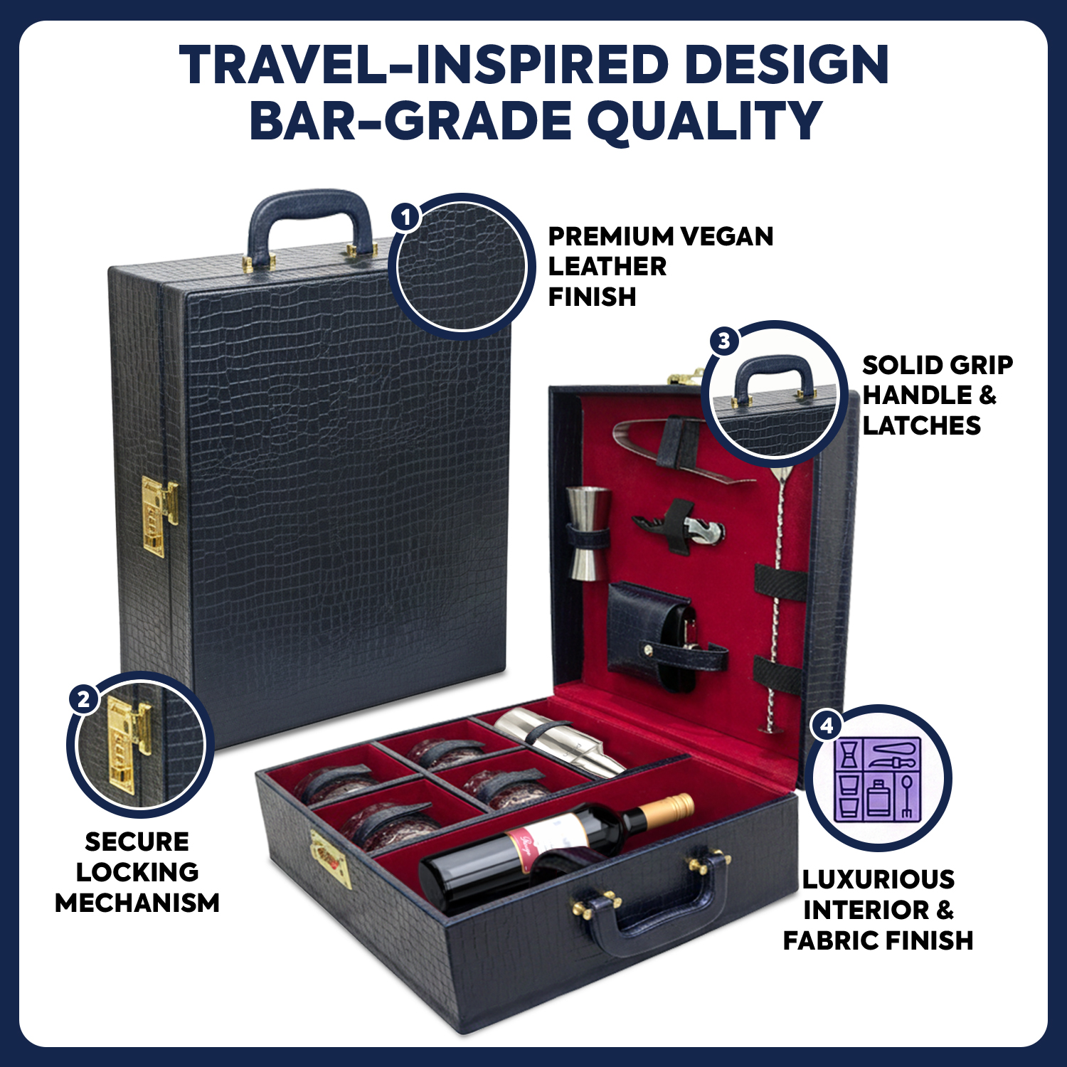 11-Piece Crocodile Print Leatherette Suitcase Bar Set with Twist Cocktail Shaker & 4 Whisky Glasses – Silver
