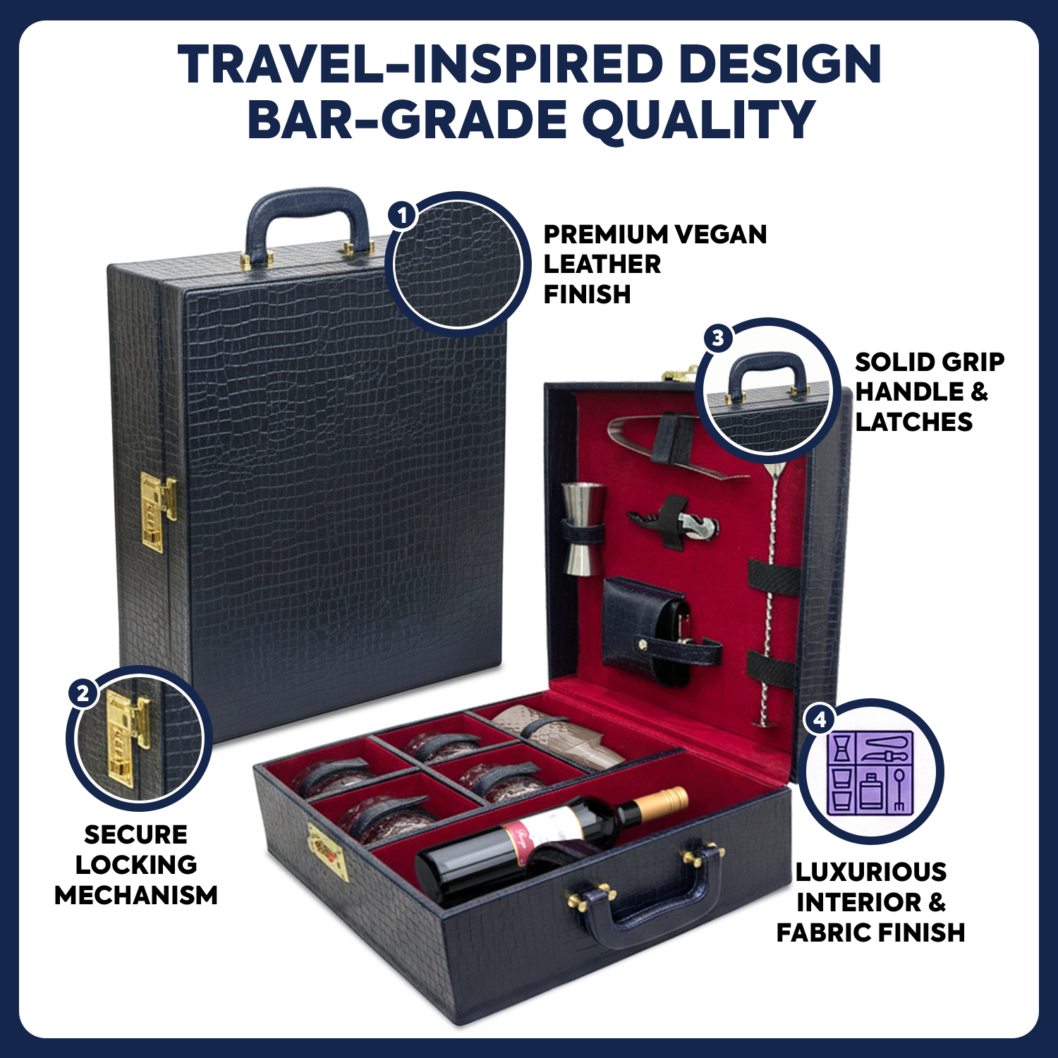 11-Piece Crocodile Print Leatherette Suitcase Bar Set with Diamond Cocktail Shaker & 4 Whisky Glasses – Silver