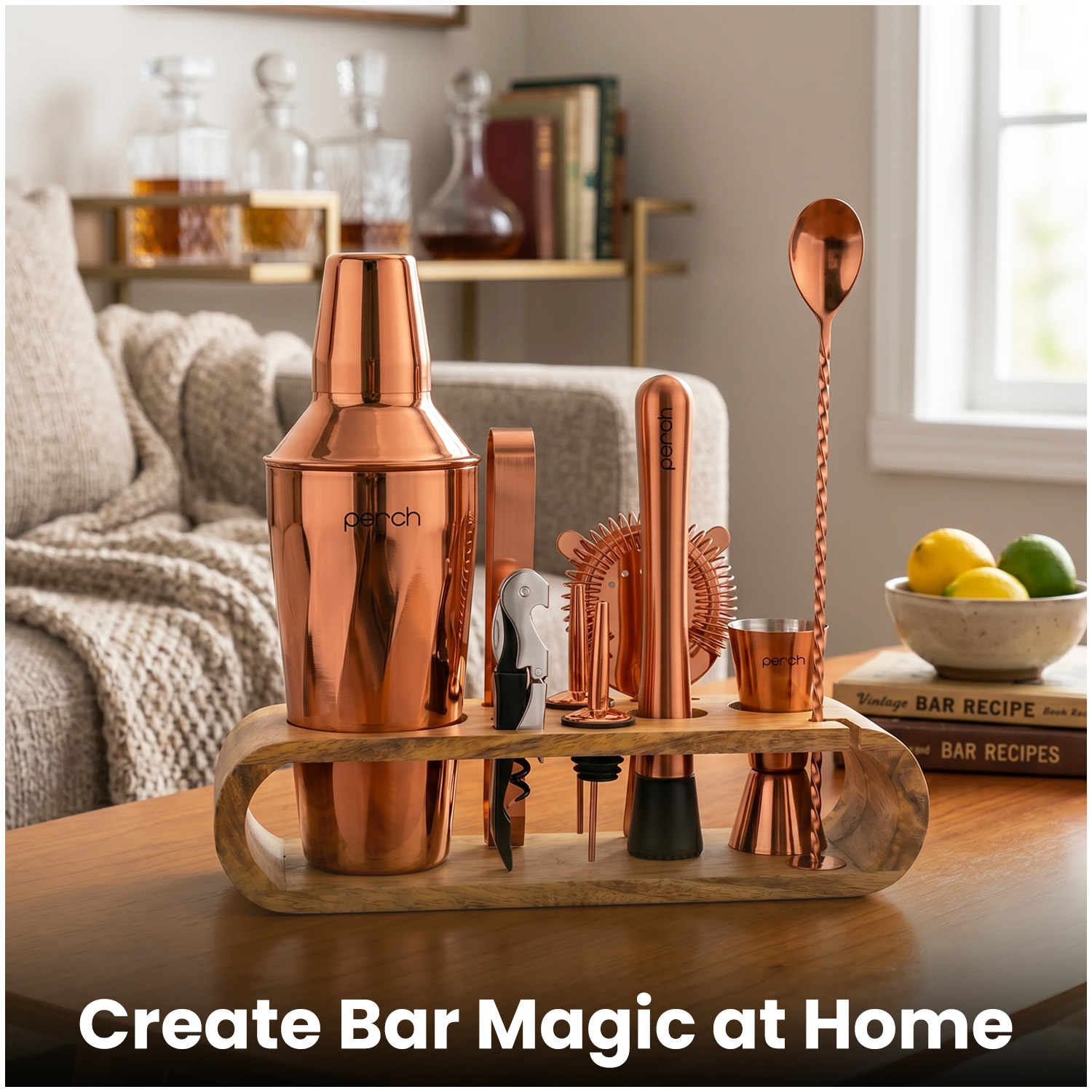 O' Holic 10-Piece Bartender Kit with Mango Wooden Stand | Twist Cocktail Shaker | Rose Gold