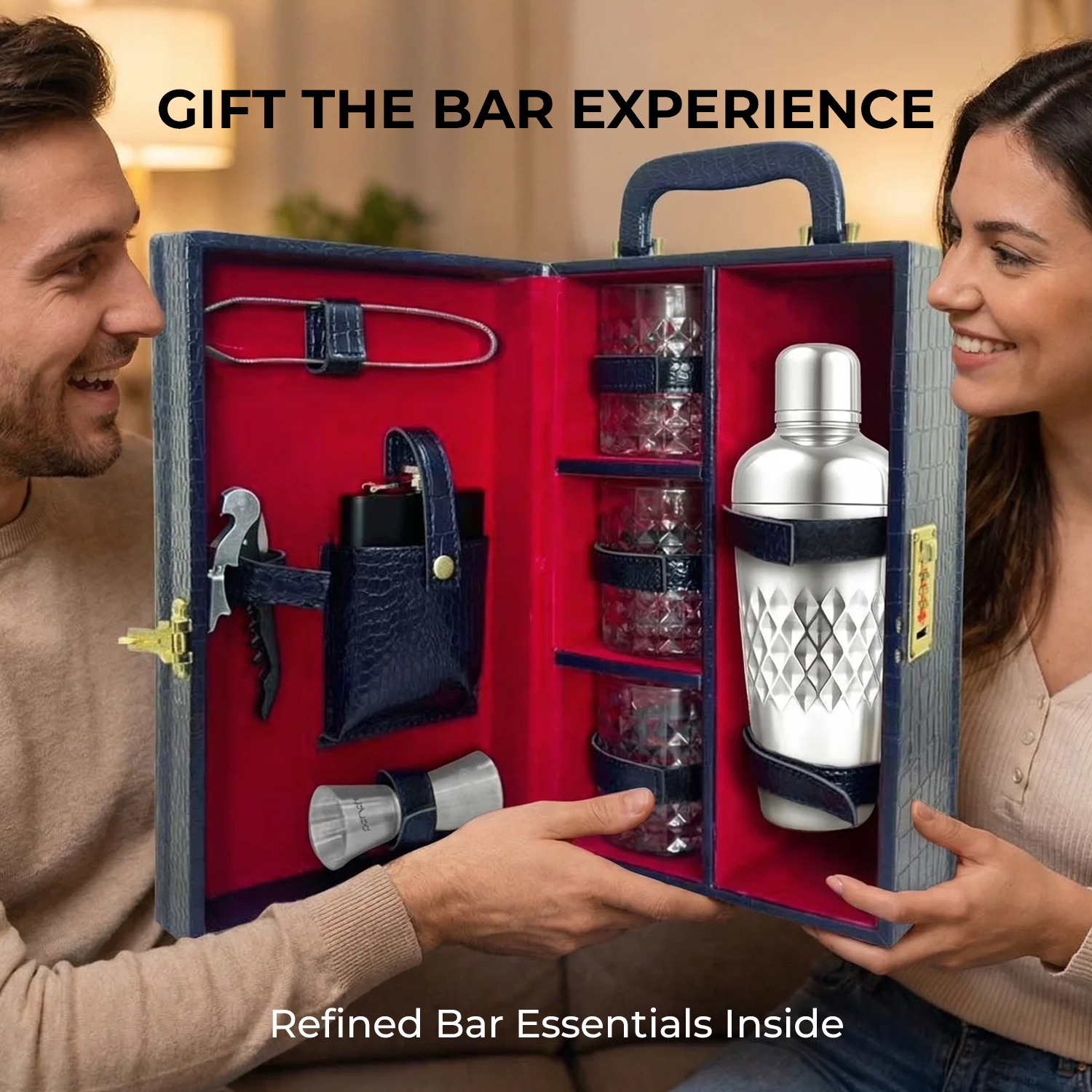 9-Piece Crocodile Print Leatherette Suitcase Bar Set with Cocktail Shaker & 3 Whisky Glasses – Silver